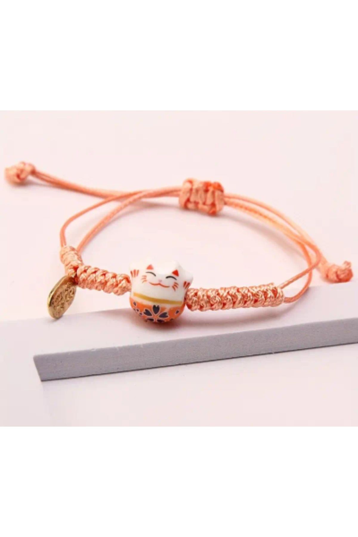 İthal Seramik Şans Kedisi Örgü Bileklik (Maneki Neko) Somon