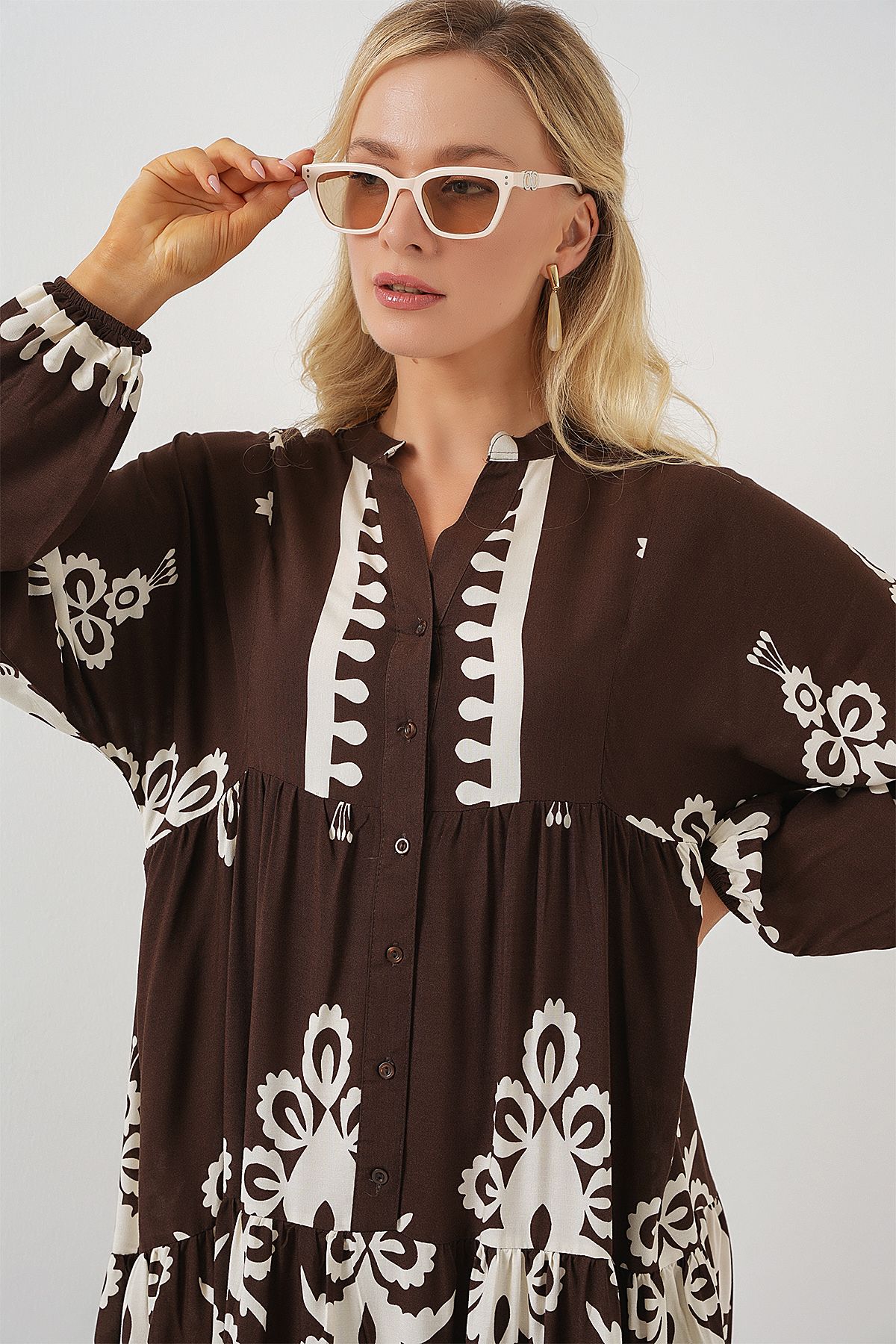 Bigdart-2423 Authentic Patterned Hijab Dress - Dark Brown 4