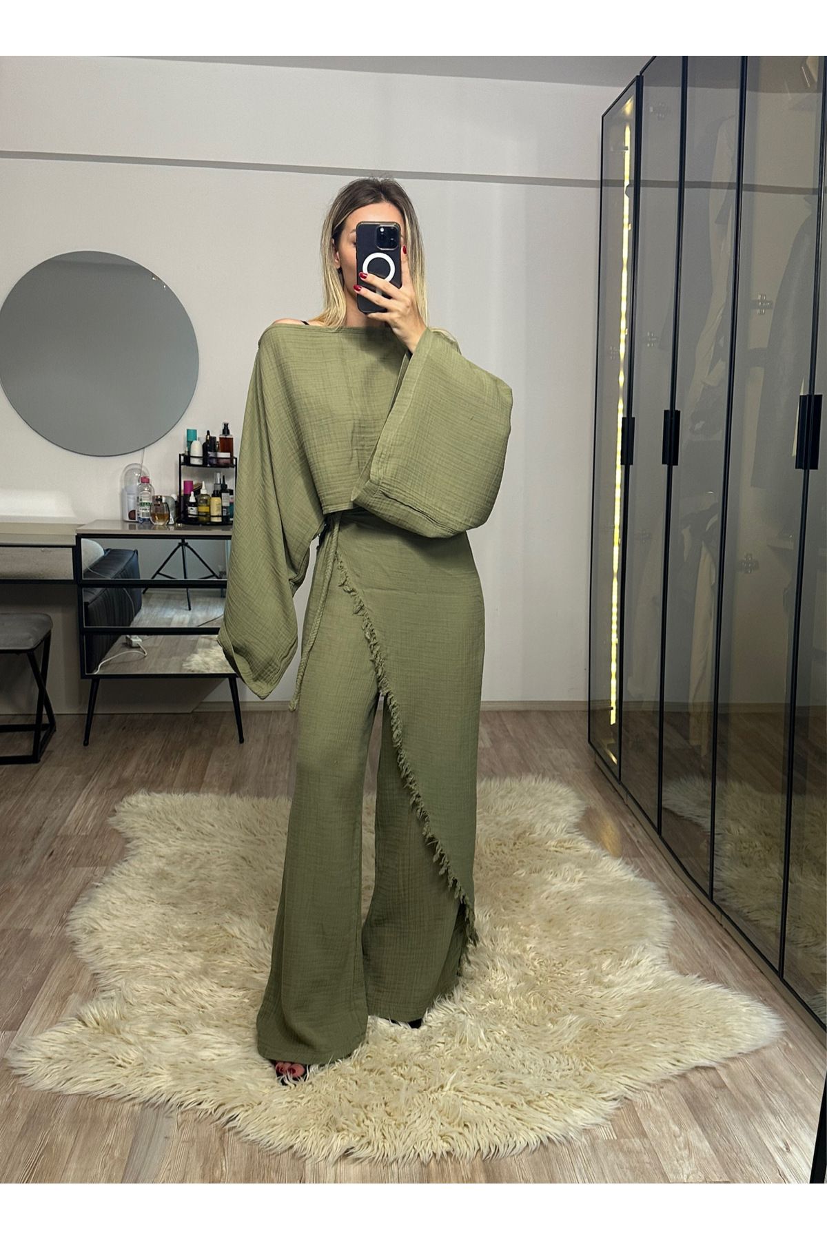 NET OF NOT Darla Haki Müslin Kumaş Zarf Pantolon Crop Takım