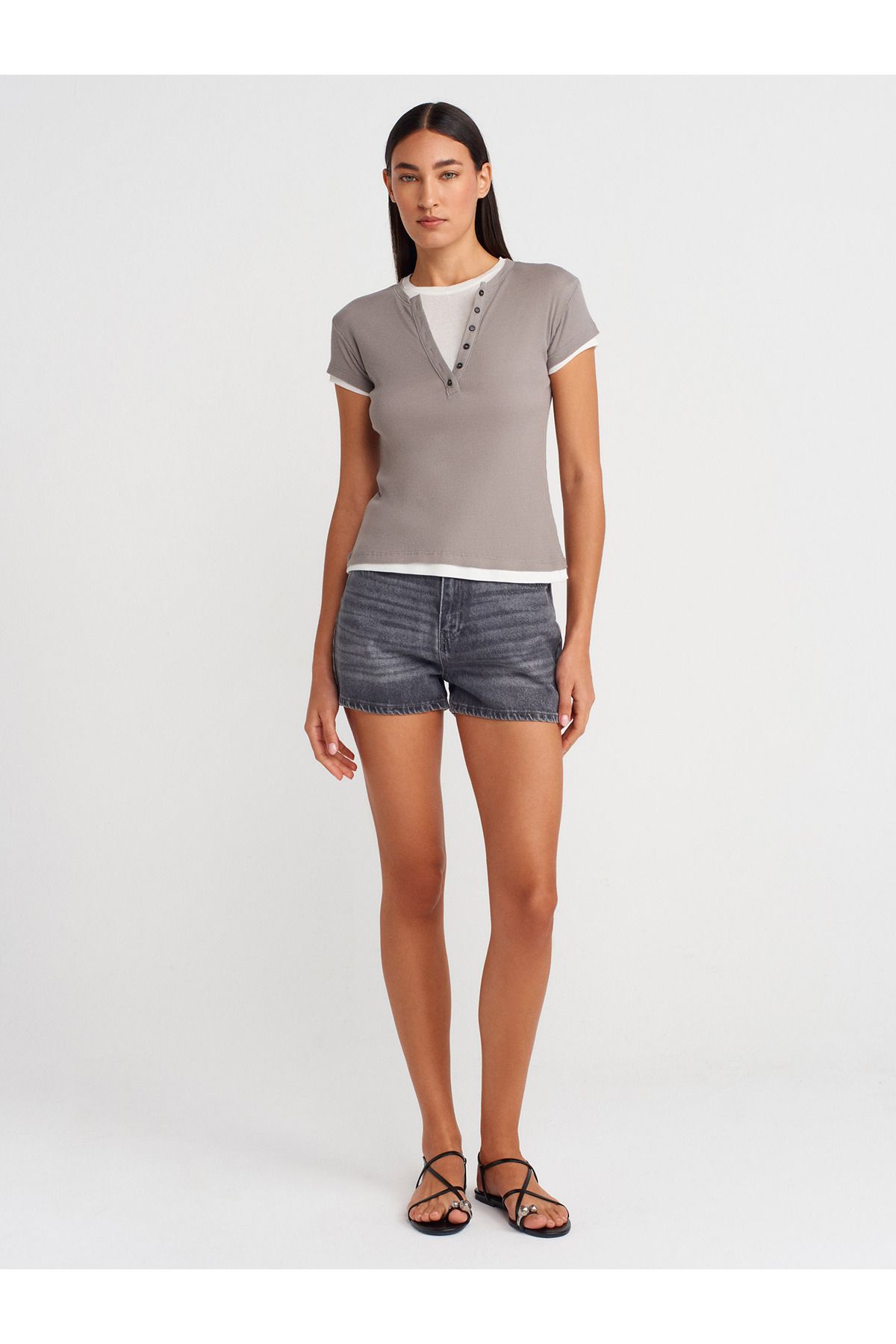 Dilvin-31783 Double Layer Buttoned T-Shirt-Grey 4