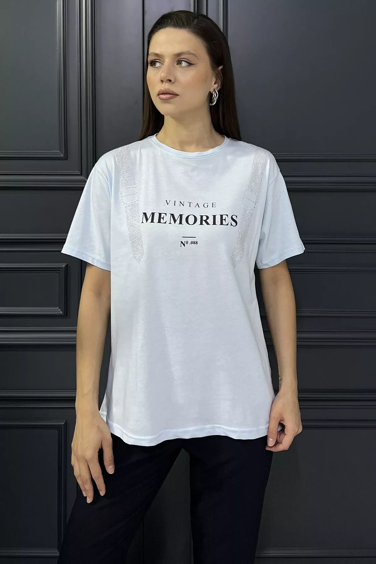 GÜLSELİ-Baby Blue Crew Neck Printed Stone Women's T-Shirt 1