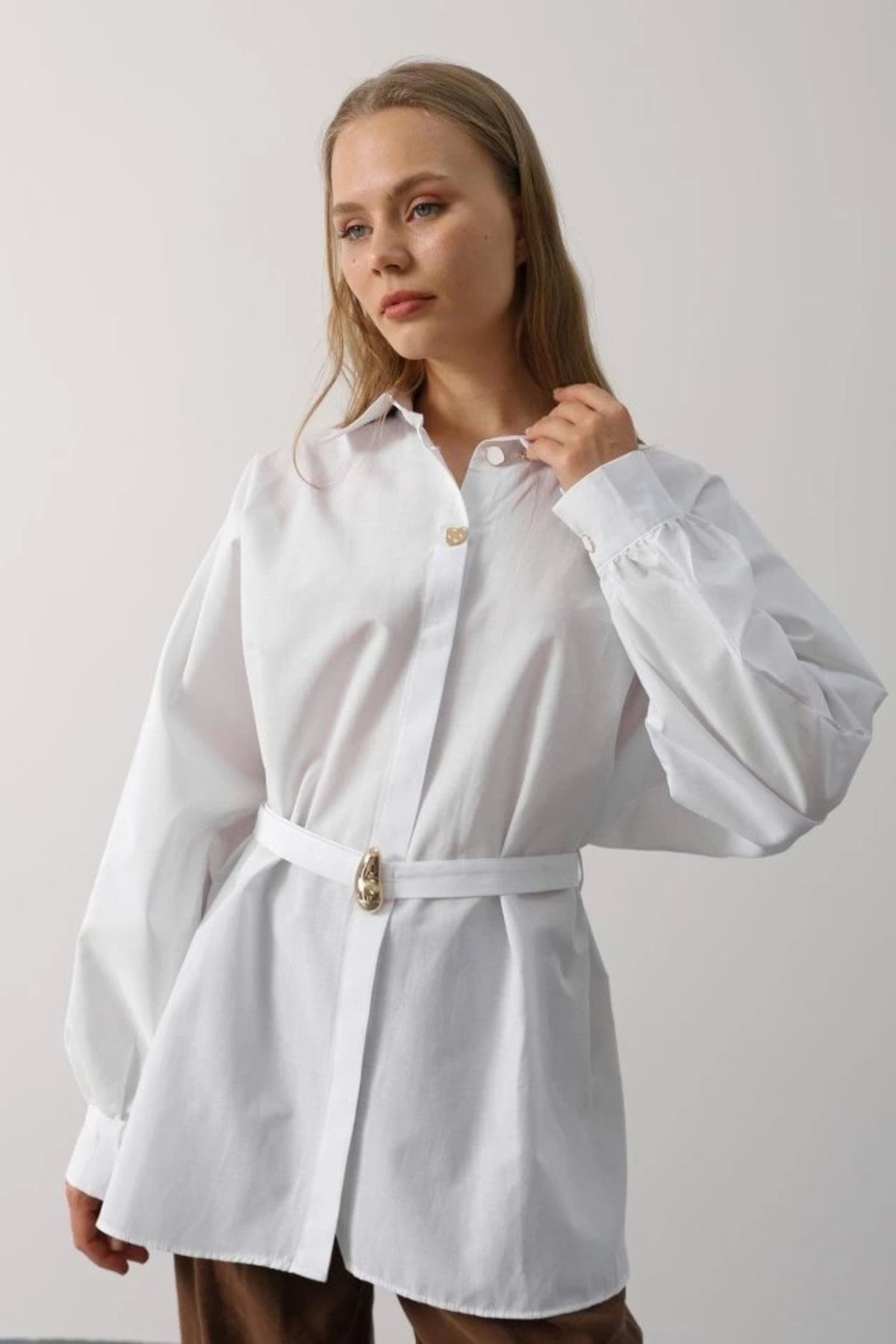 Butik Kuşak Detaylı Tunik Gömlek - Beyaz