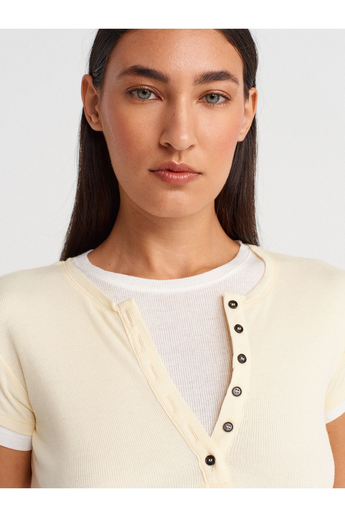 Dilvin-31783 Double Layer Button T-Shirt-Light Yellow 3