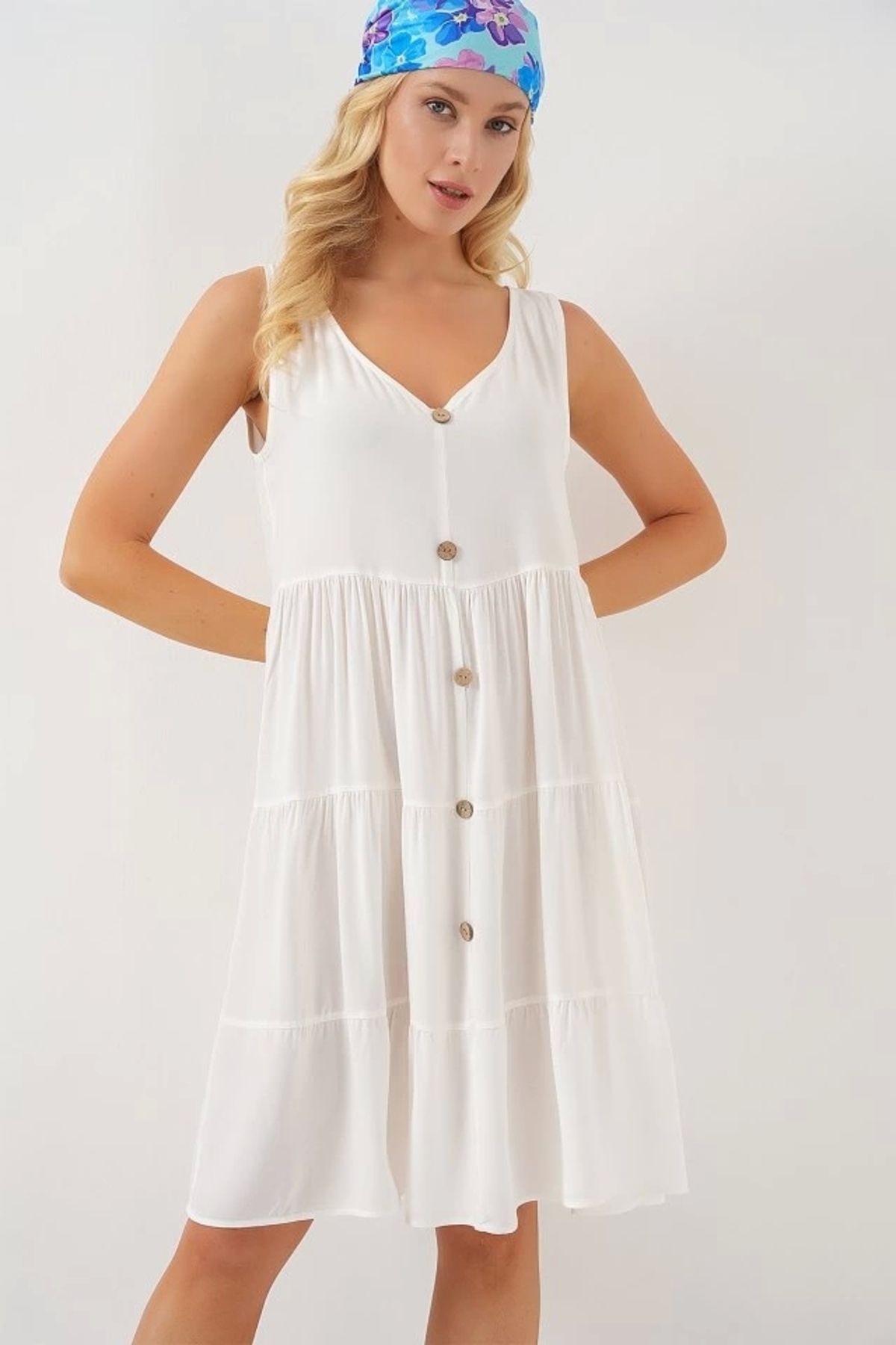 Butik Sıfır Kol Düğmeli Kısa Elbise 2571 - Beyaz