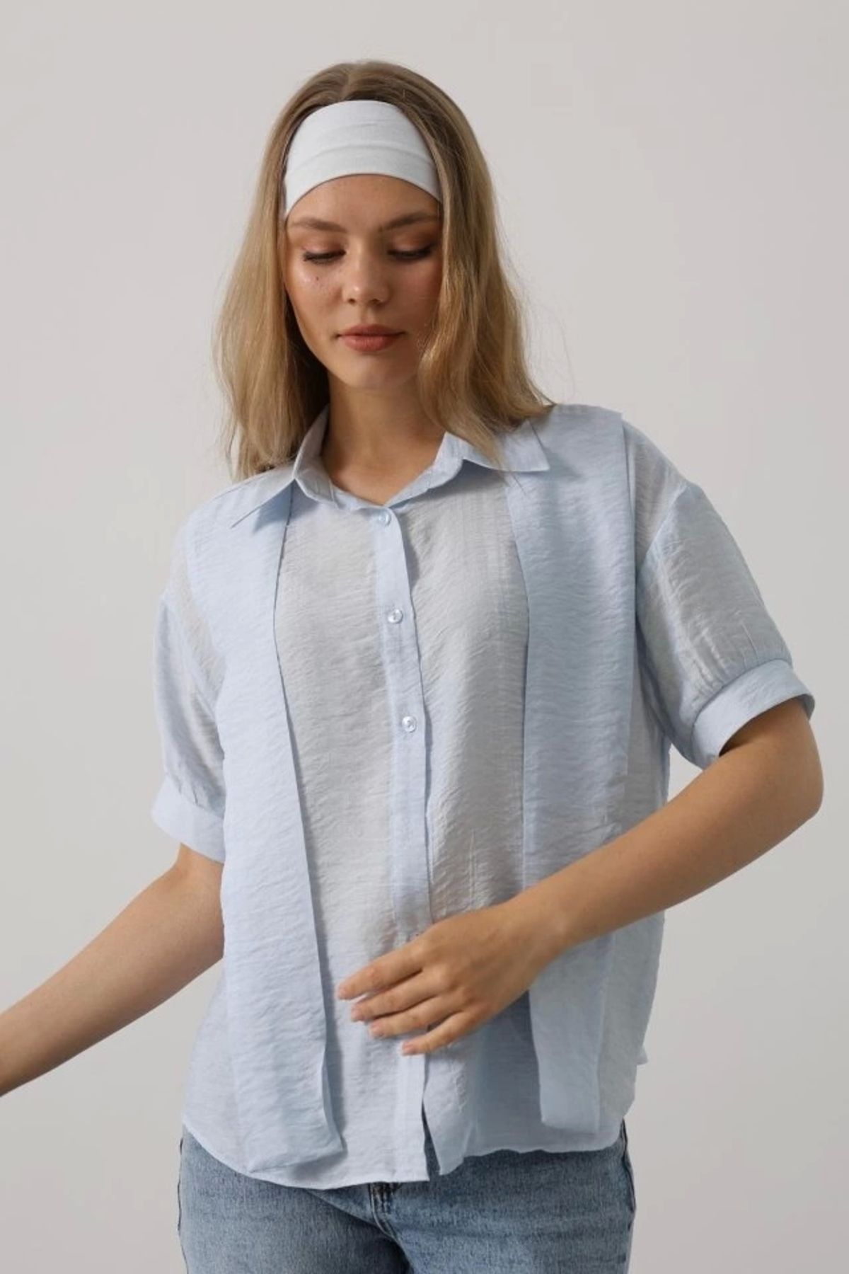 Butik Atkı Detaylı Yarım Kol Gömlek - Bebe Mavisi