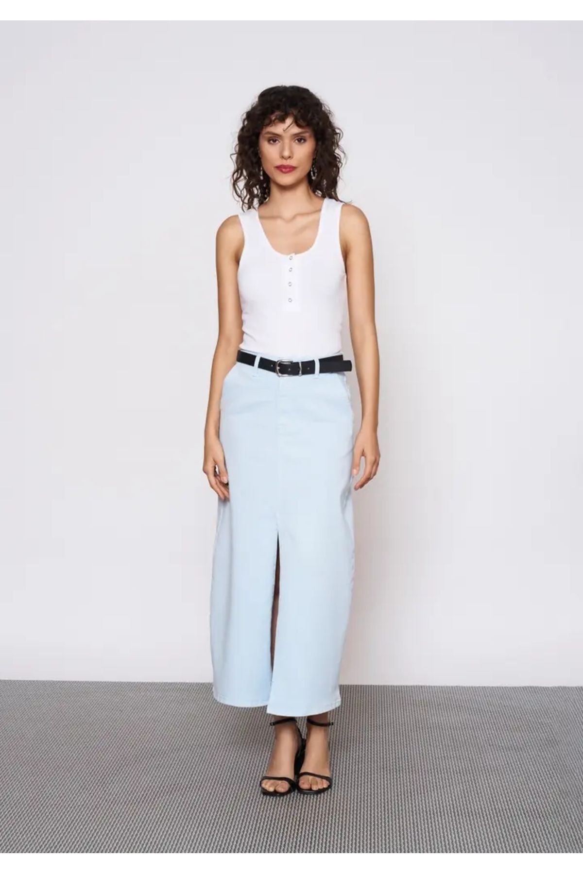 EUROFASHION Bebe Mavi Önü Yırtmaçlı Midi Denim Etek