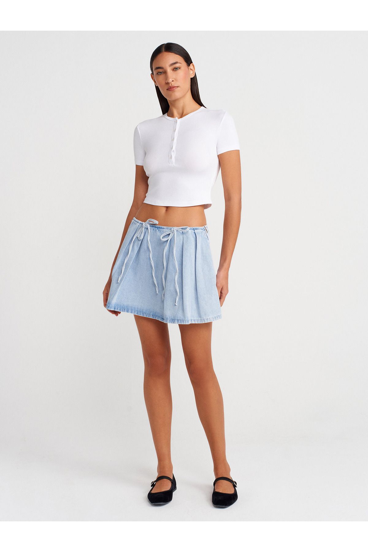 Dilvin 80585 Önü Fiyonklu Mini Denim Etek-Mavi