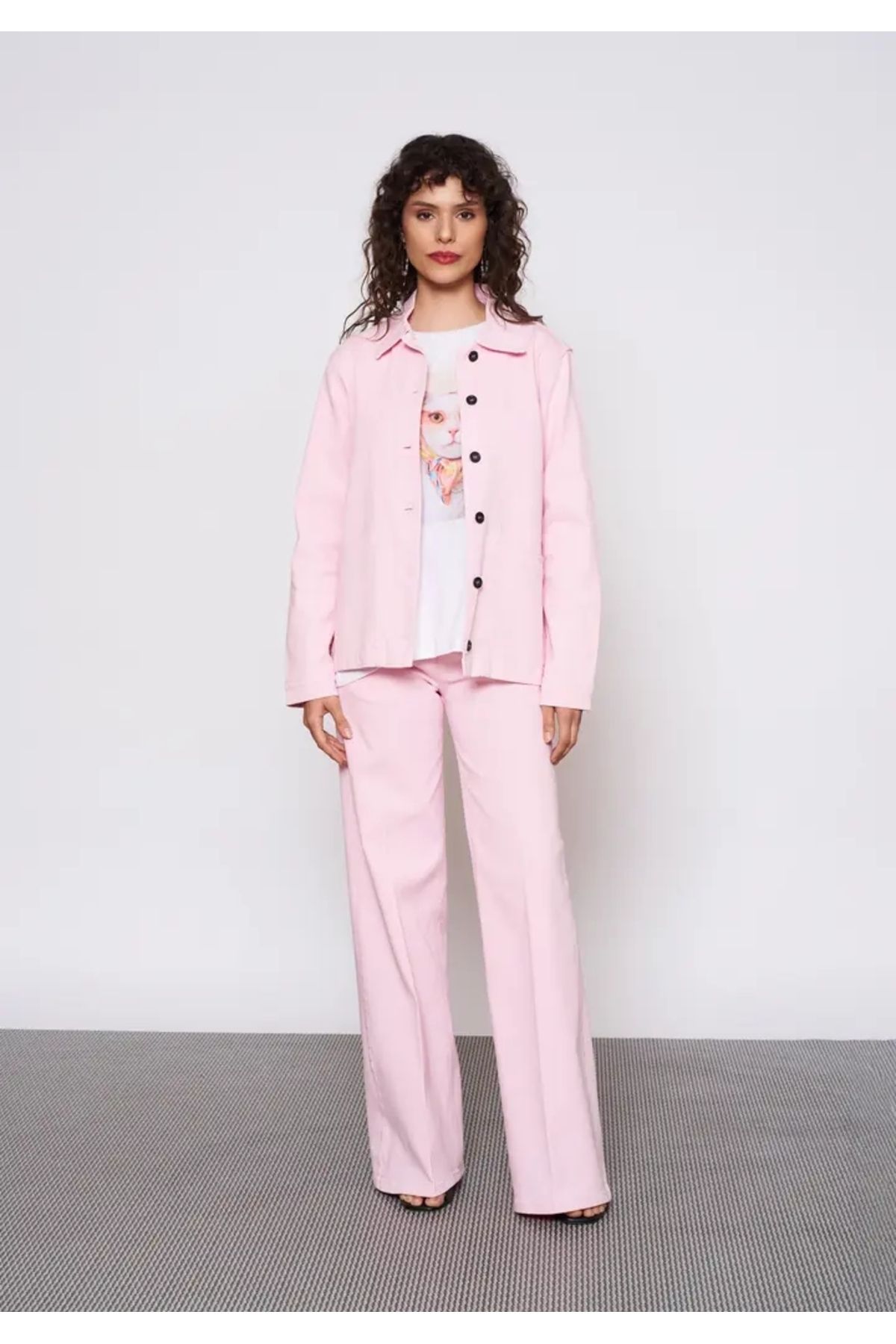 EUROFASHION Siyah Düğmeli Pembe Denim Ceket