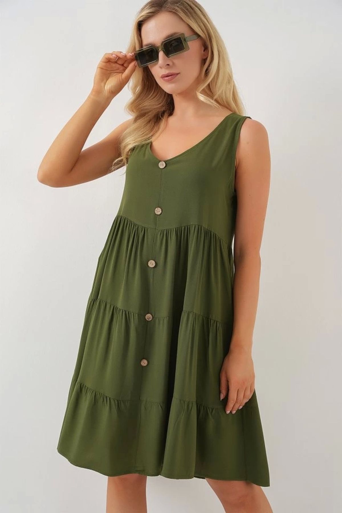 Butik Sıfır Kol Düğmeli Kısa Elbise 2571 - Haki