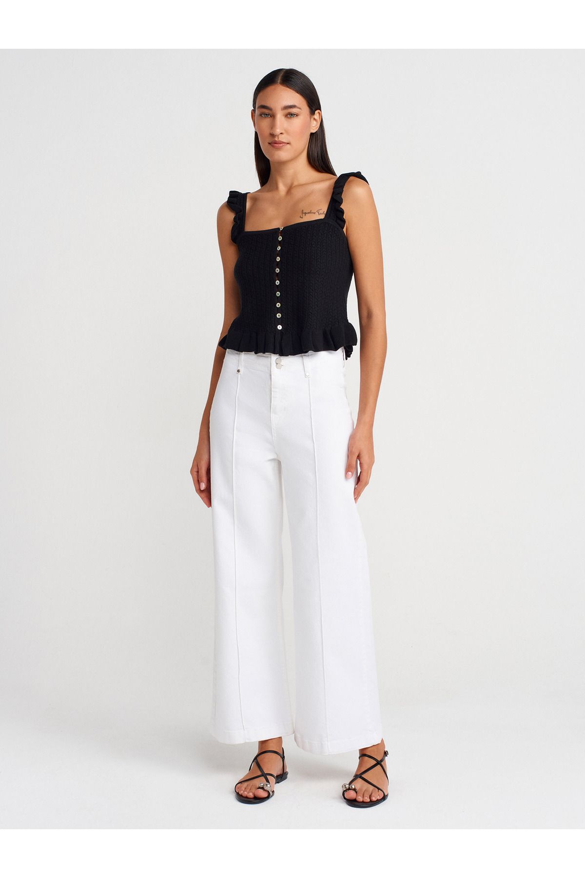 Dilvin-10774 Ruffled Button Ball Blouse with Strap-Black 4