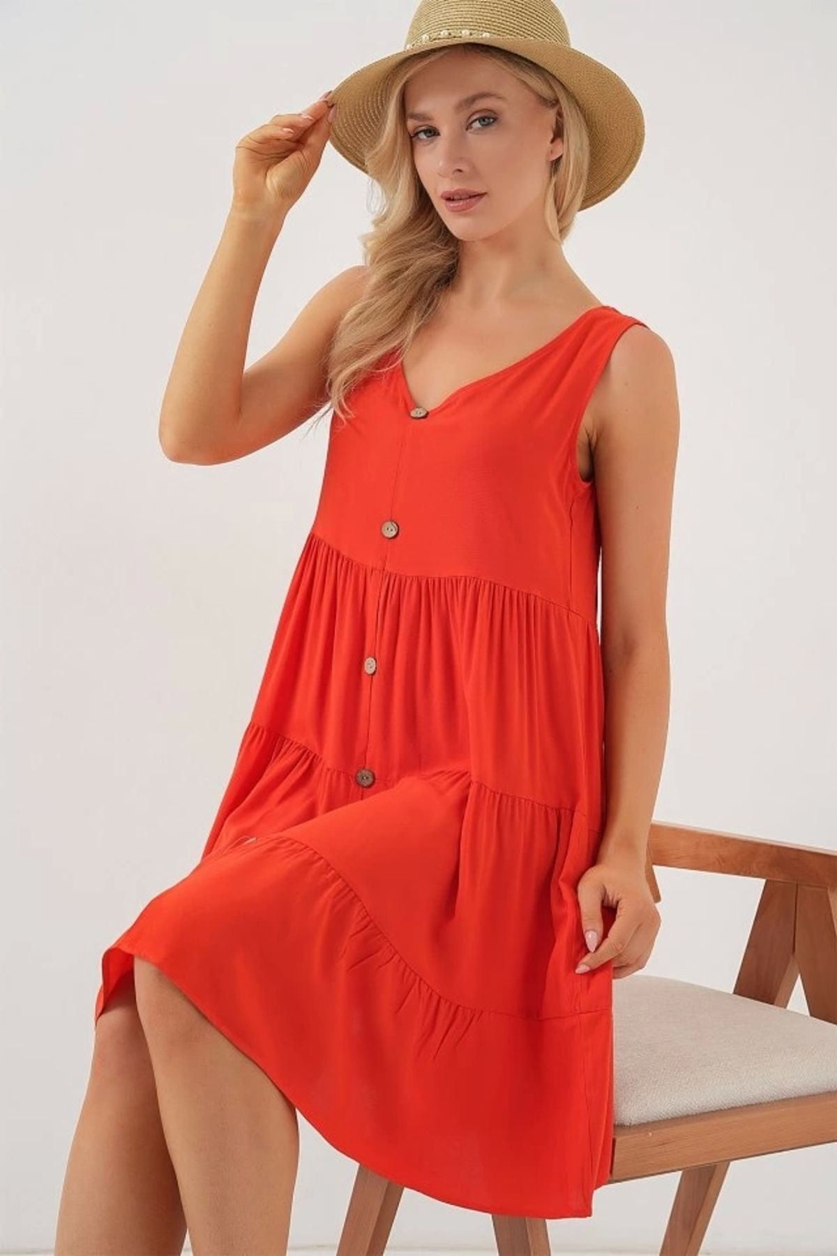 Butik Sıfır Kol Düğmeli Kısa Elbise 2571 - Nar