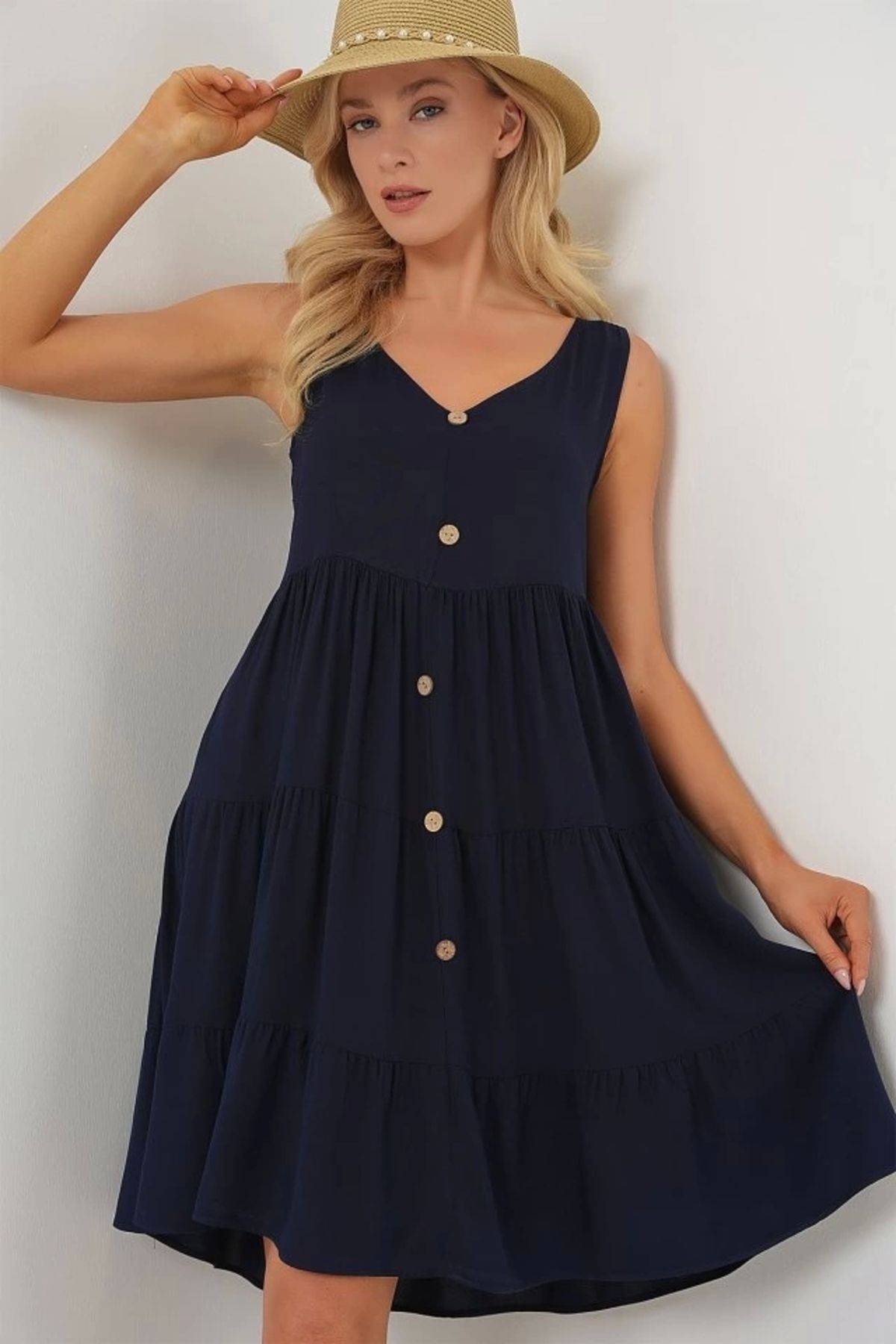 Butik Sıfır Kol Düğmeli Kısa Elbise 2571 - Lacivert