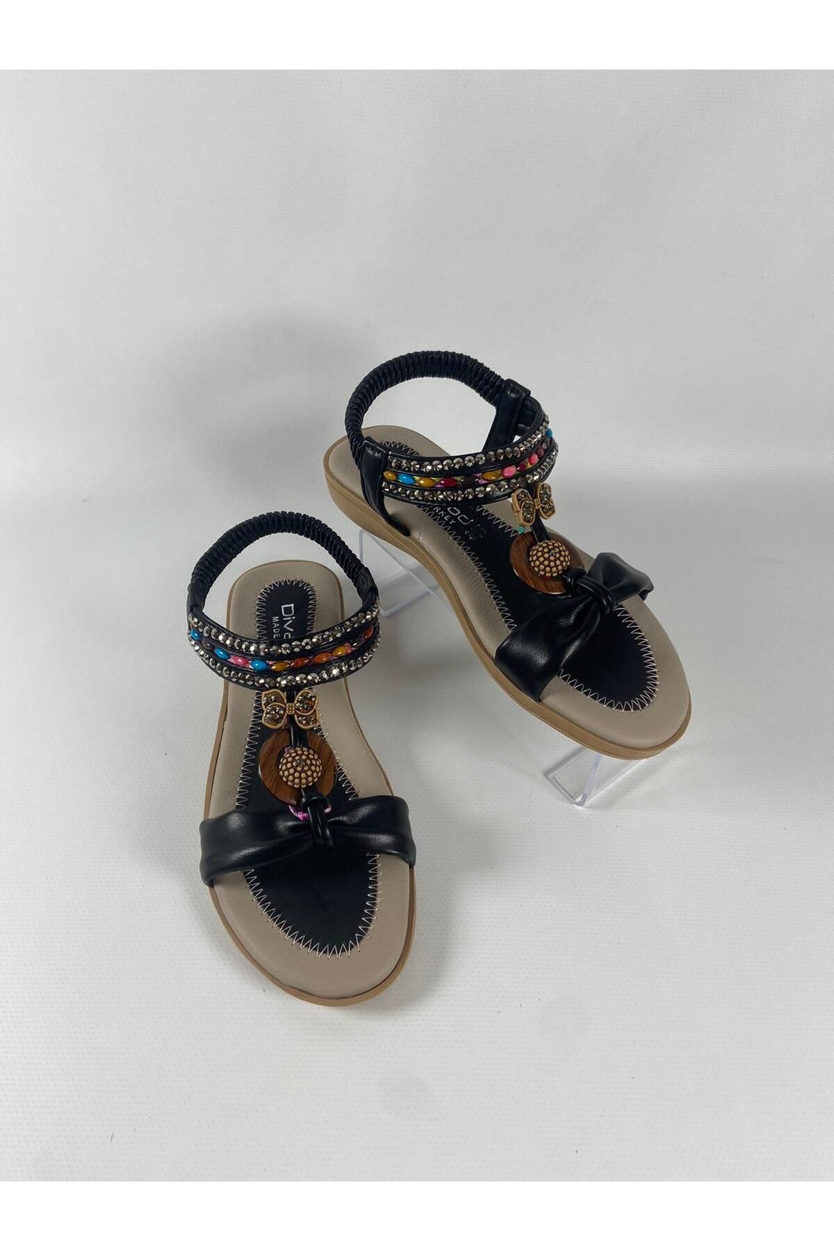 DİVA Retro Taşlı Ortopedik Alçak Taban Sandalet