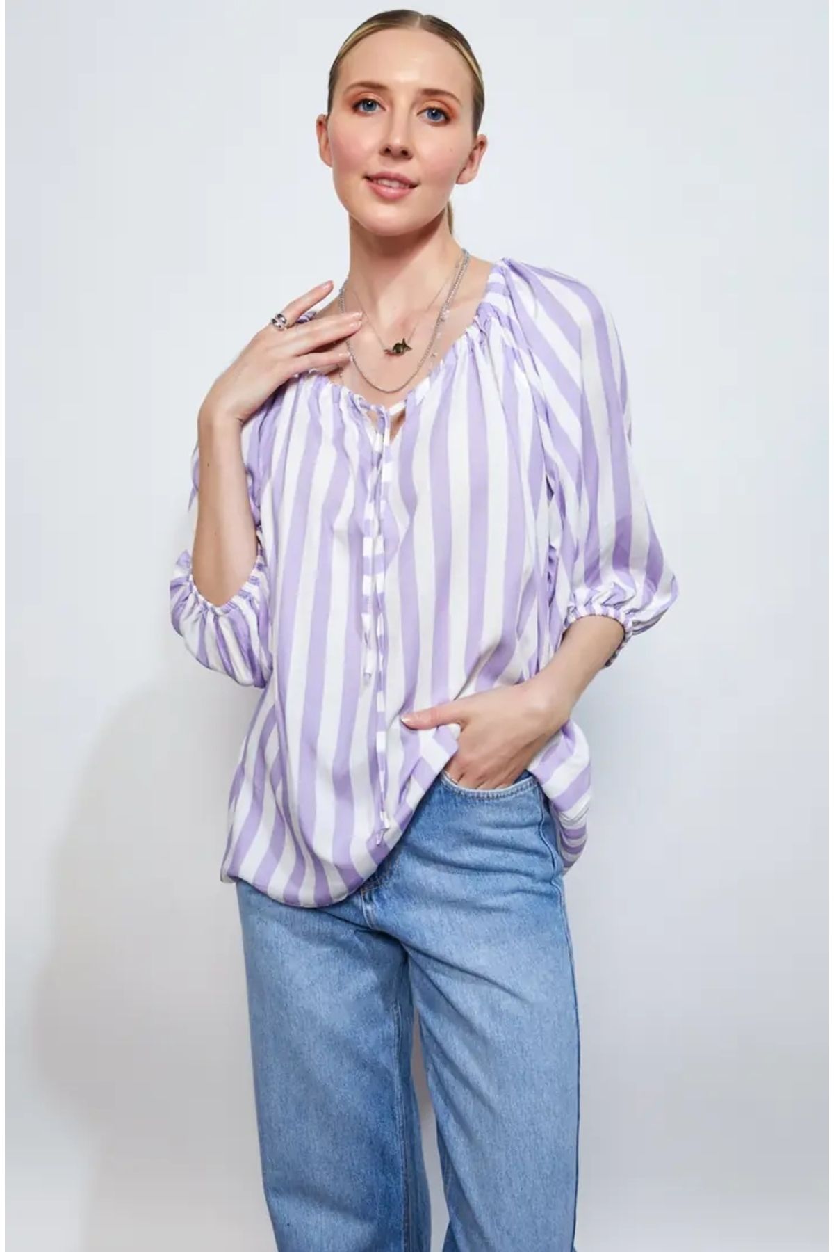 EUROFASHION Lila Çizgili Balon Kol Bluz