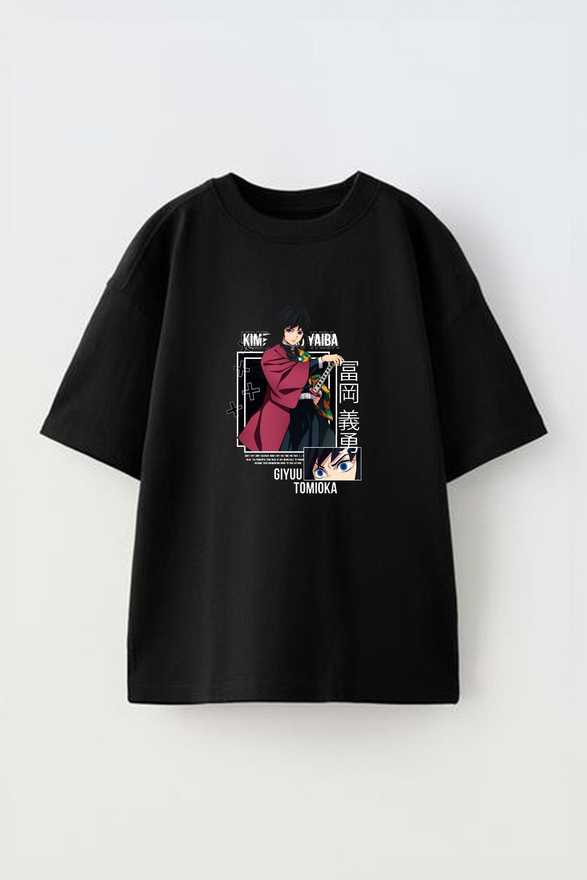 Anetos Giyuu Tomioka Ön Baskılı Pamuk Siyah Oversize T shirt
