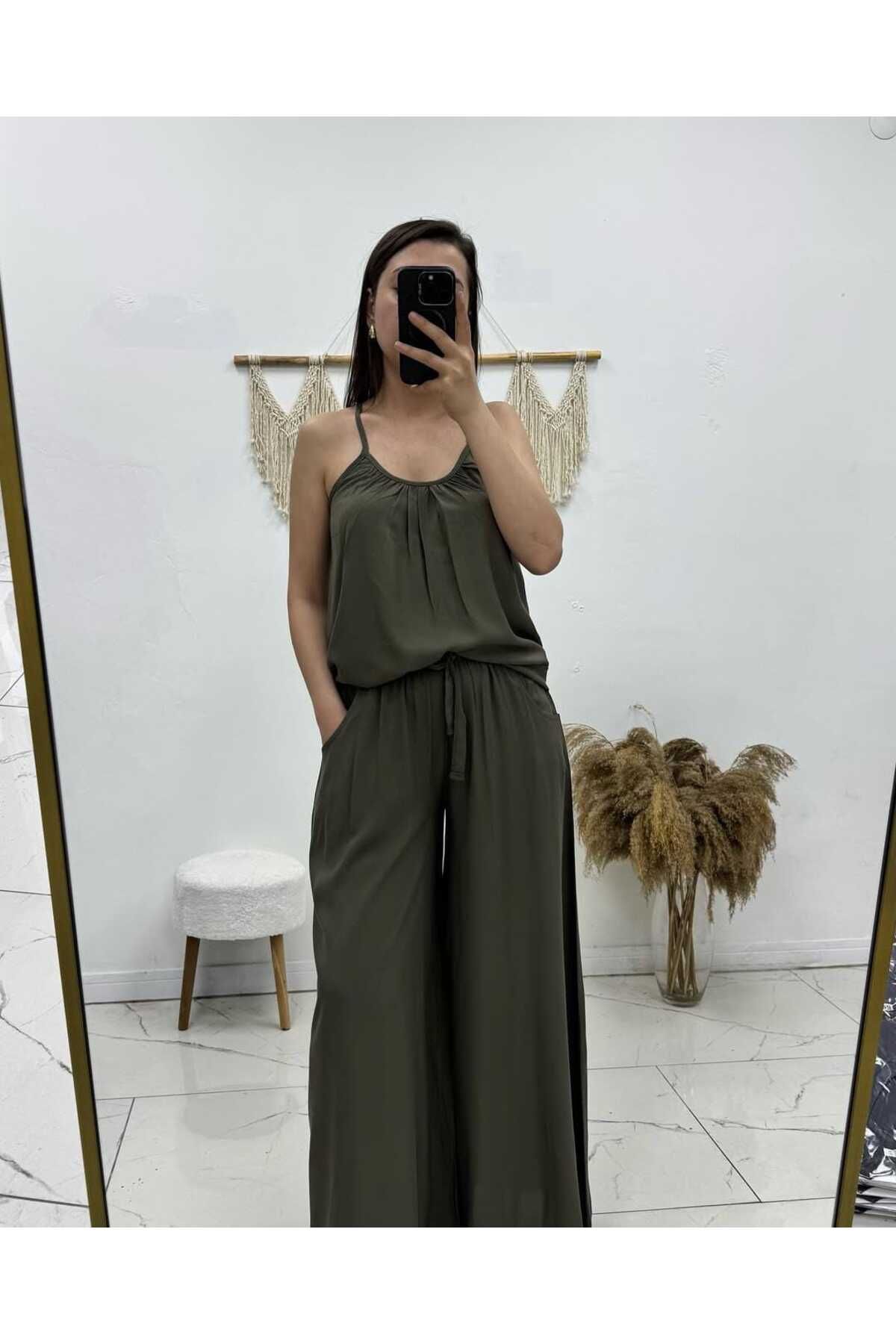 Maison La Femme Kadın İp Askılı Bluz Bol Cepli Pantolon Takım