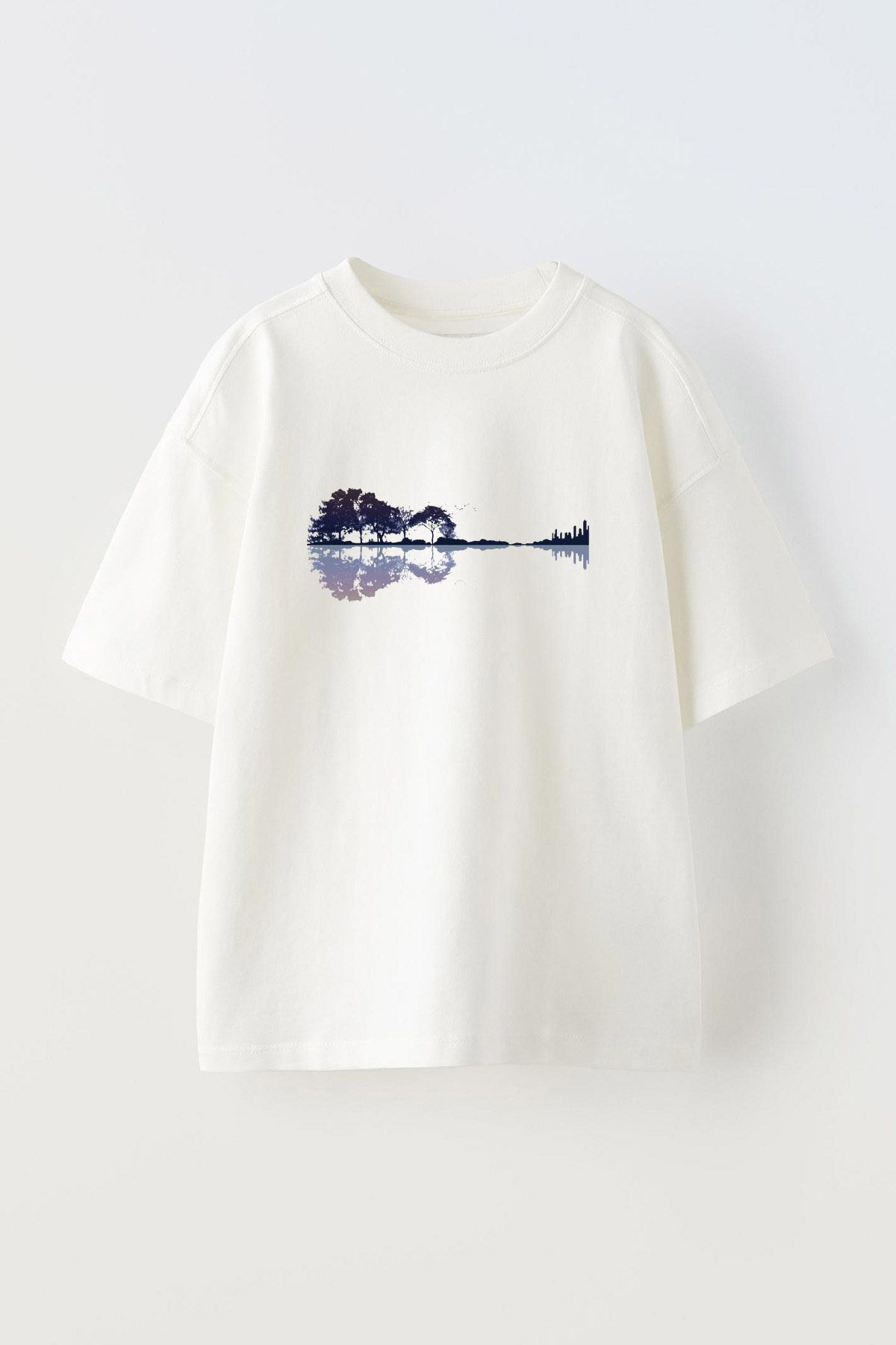 Anetos Nature Guitar Canvas Ön Baskılı Pamuk Beyaz Oversize T shirt