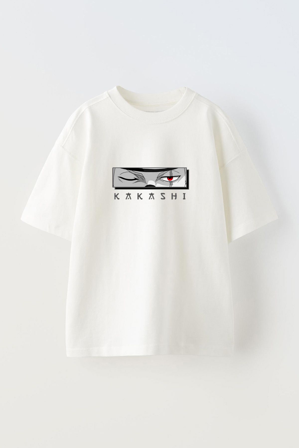 Anetos Kakashi Eyes Ön Baskılı Pamuk Beyaz Oversize T shirt