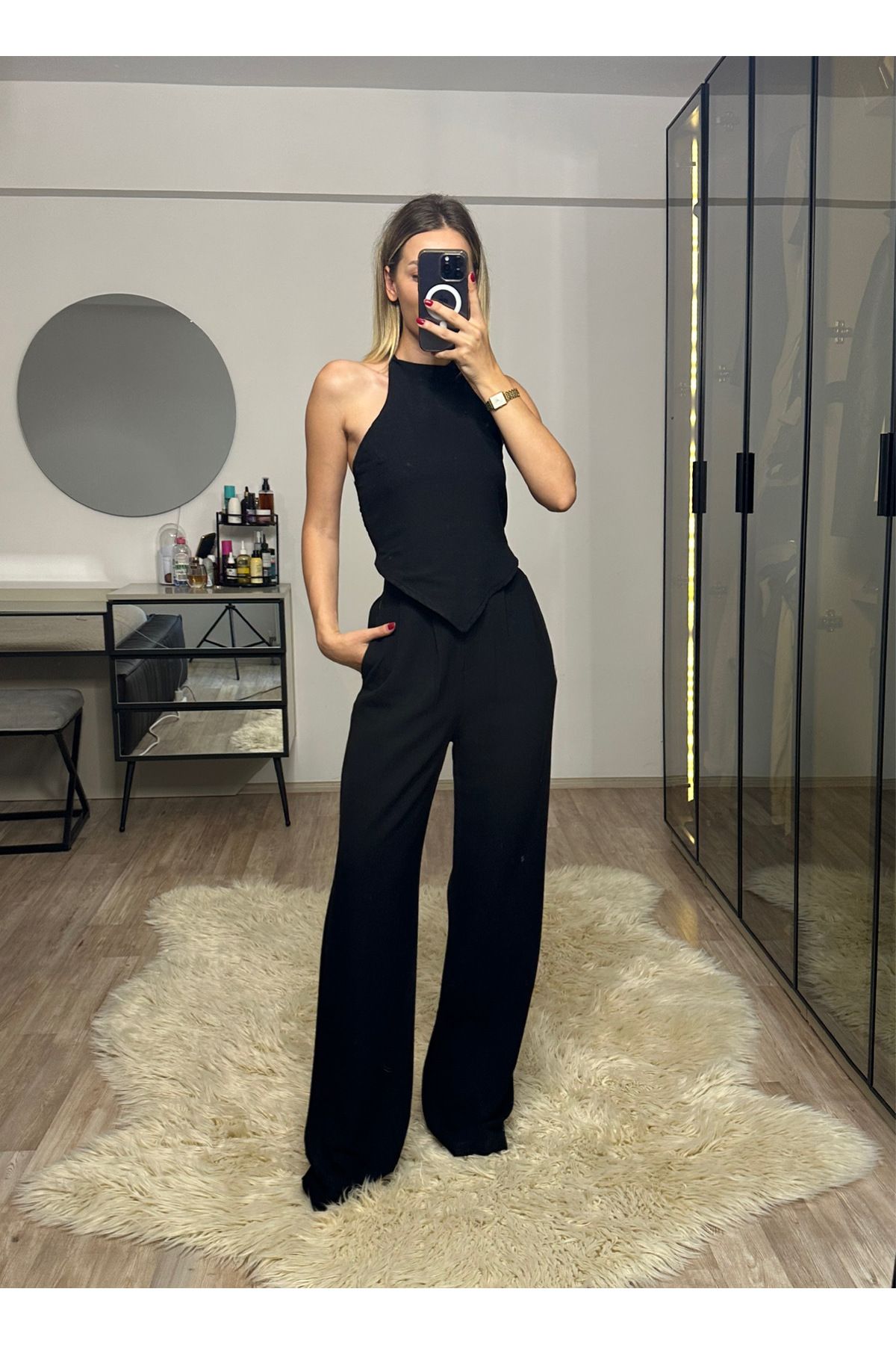 NET OF NOT Emily Siyah Bambu Keten Asimetrik Halter Yaka Bluz Pantolon Takım