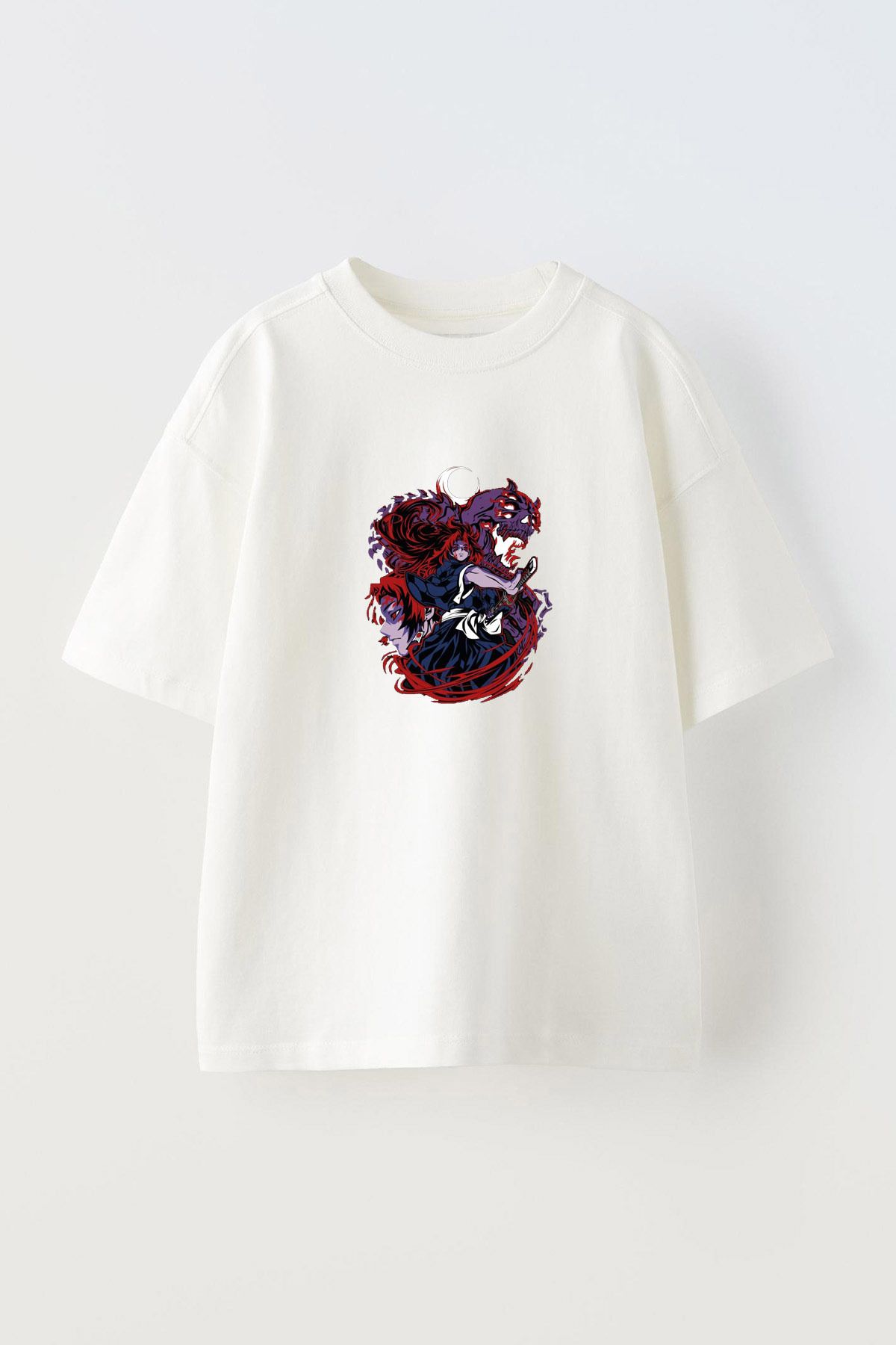Anetos Kokushibo Demon Slayer Ön Baskılı Pamuk Beyaz Oversize T shirt