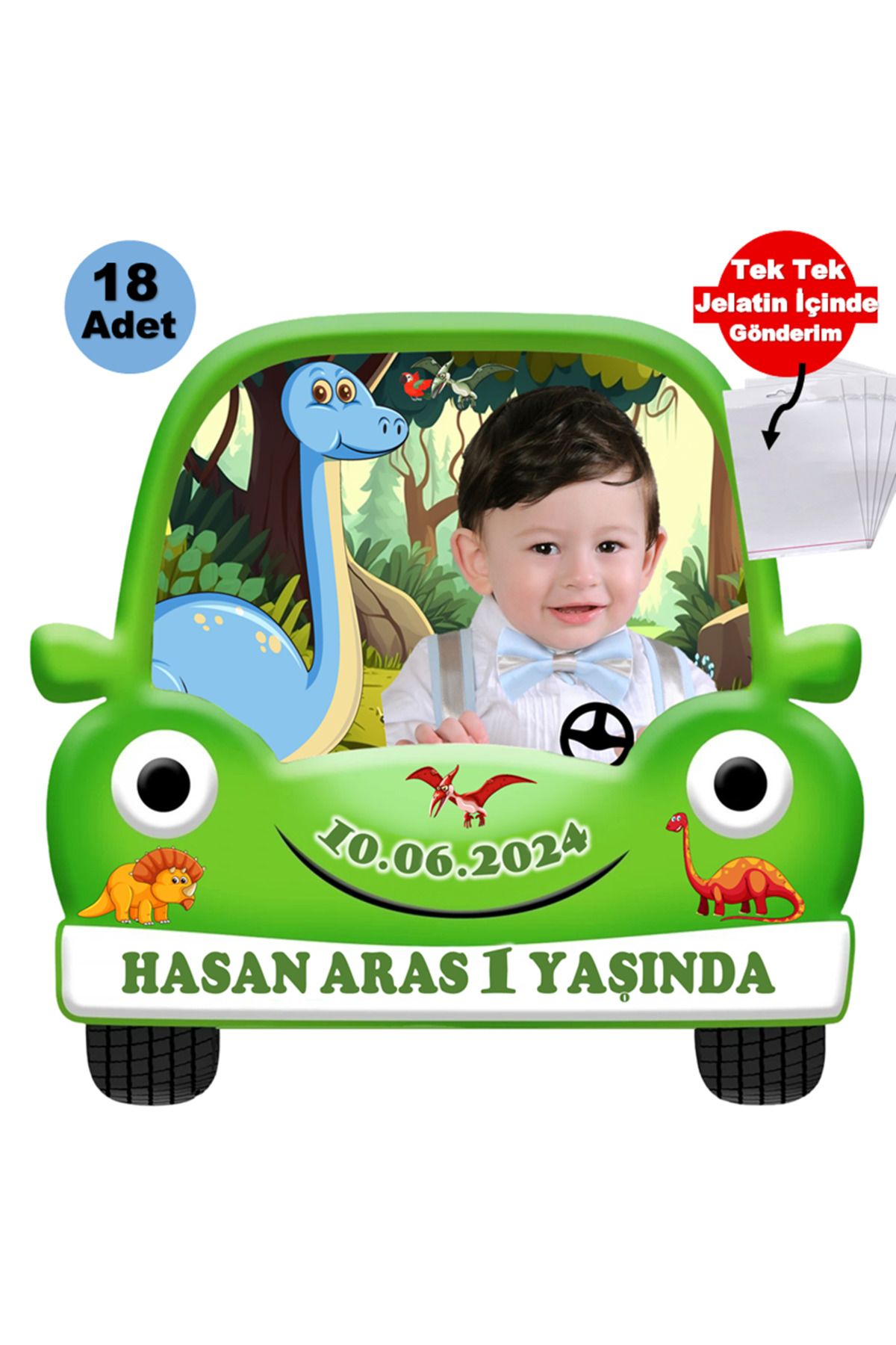 Elara Tasarım 1 Yaş Dinozor Temalı 18 Adet Fotoğraflı Kişiye özel Doğum Günü Magnet Hediye Poşetli Gönderilir