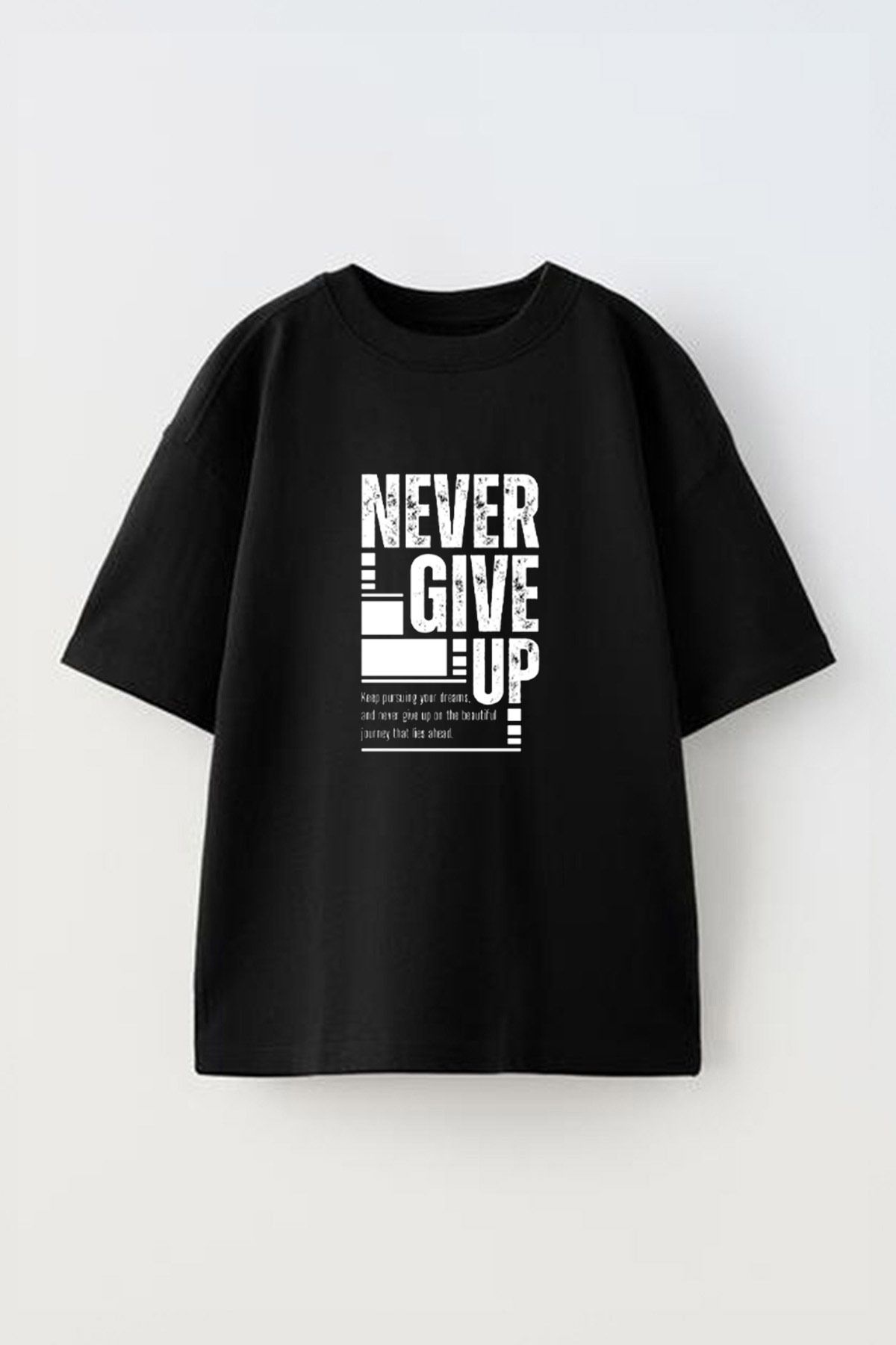 Anetos Motivational Never Gıve Up Ön Baskılı Pamuk Siyah Oversize T shirt