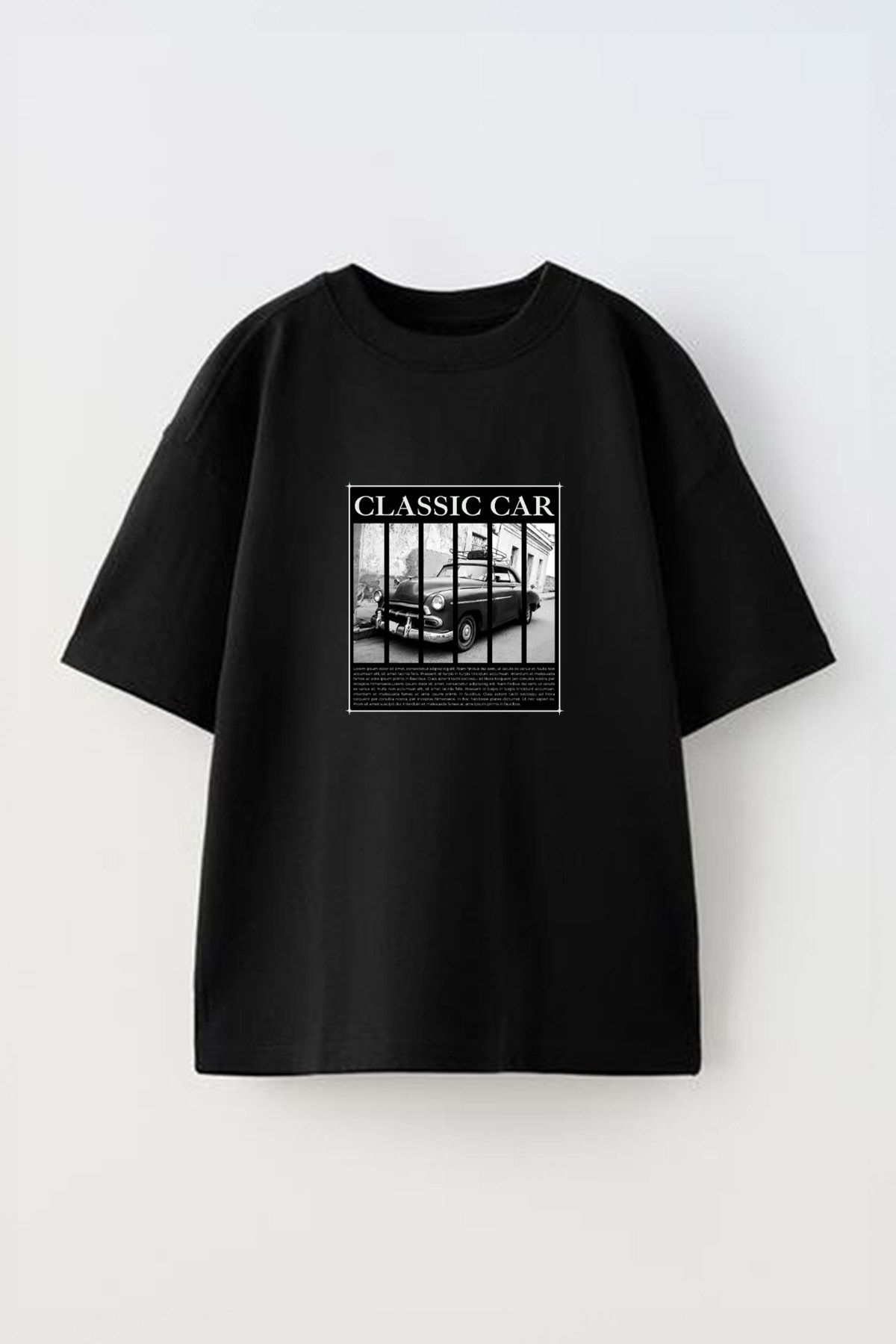 Anetos Minimalist Classic Car Ön Baskılı Pamuk Siyah Oversize T shirt
