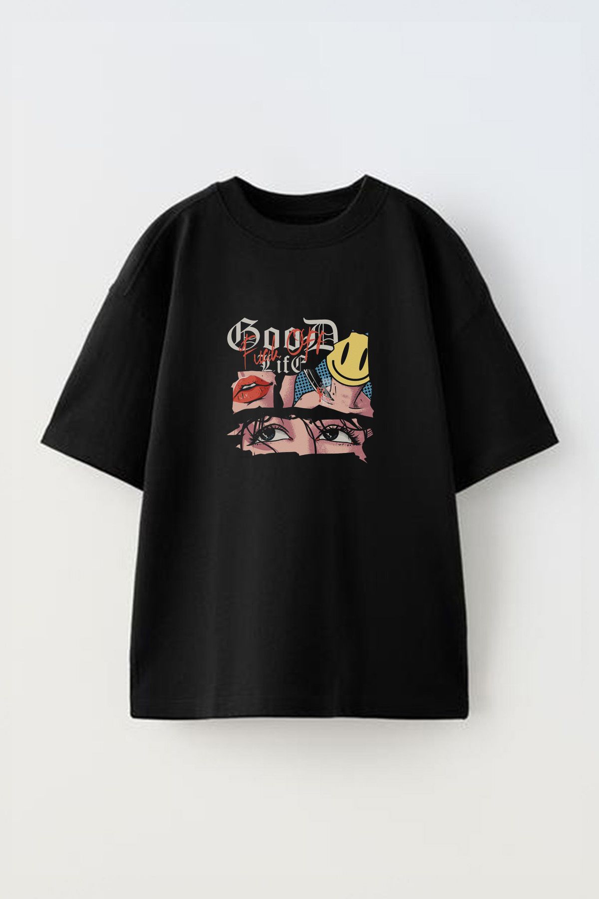 Anetos Good Life Eye Ön Baskılı Pamuk Siyah Oversize T shirt