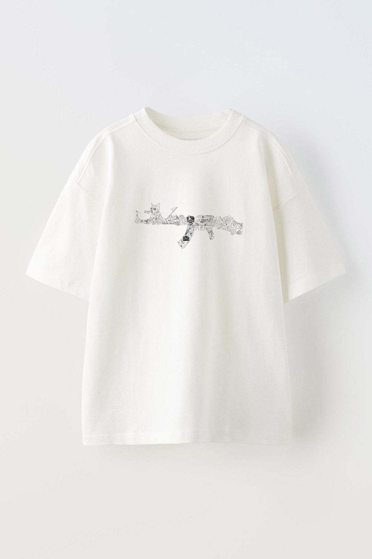 Anetos Kedi El Aleti Ön Baskılı Pamuk Beyaz Oversize T shirt