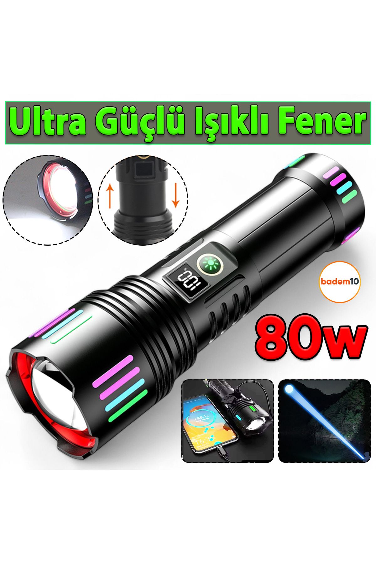 Badem10 3000 Lümen Şarjlı Powerbank Özellikli Usb Su Geçirmez LED El Feneri Güçlü Işık Kamp Güvenlik Ev Fene
