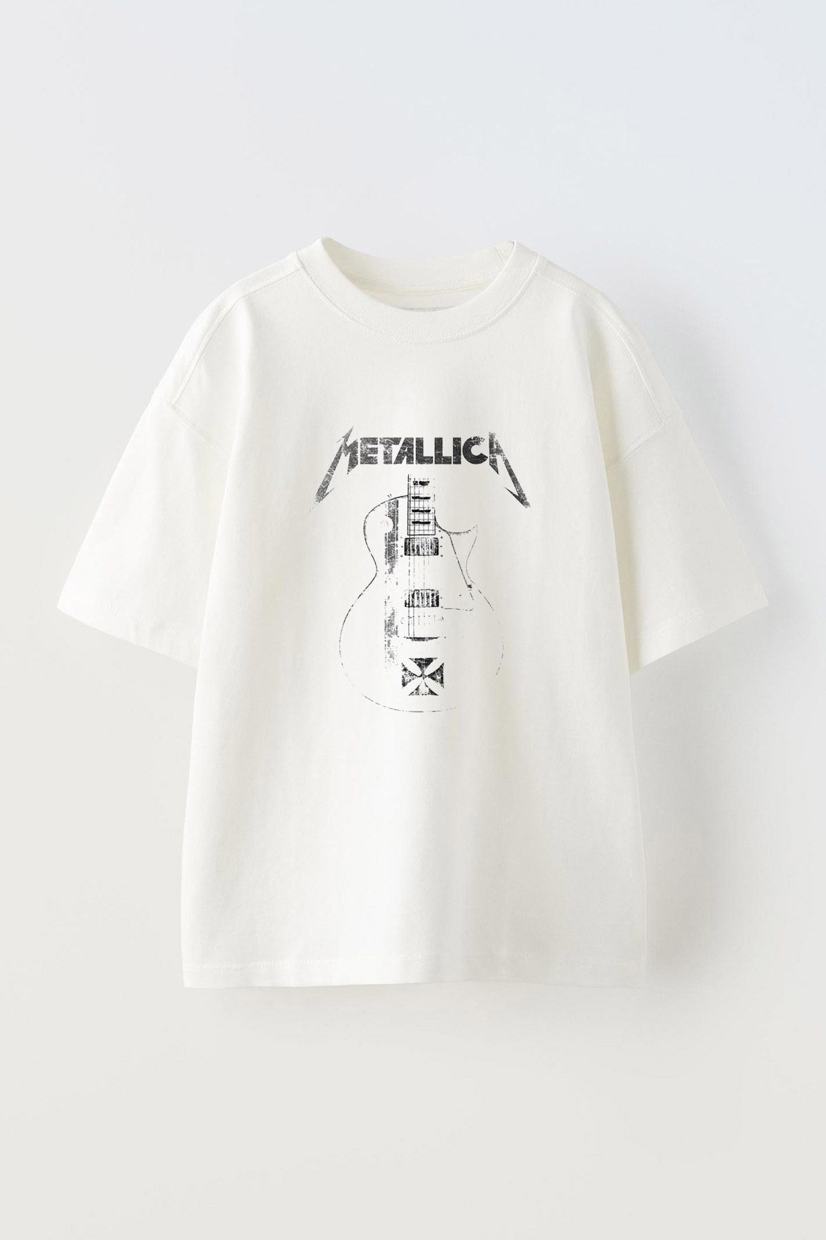 Anetos Metalica Gitar Rock Ön Baskılı Pamuk Beyaz Oversize T shirt