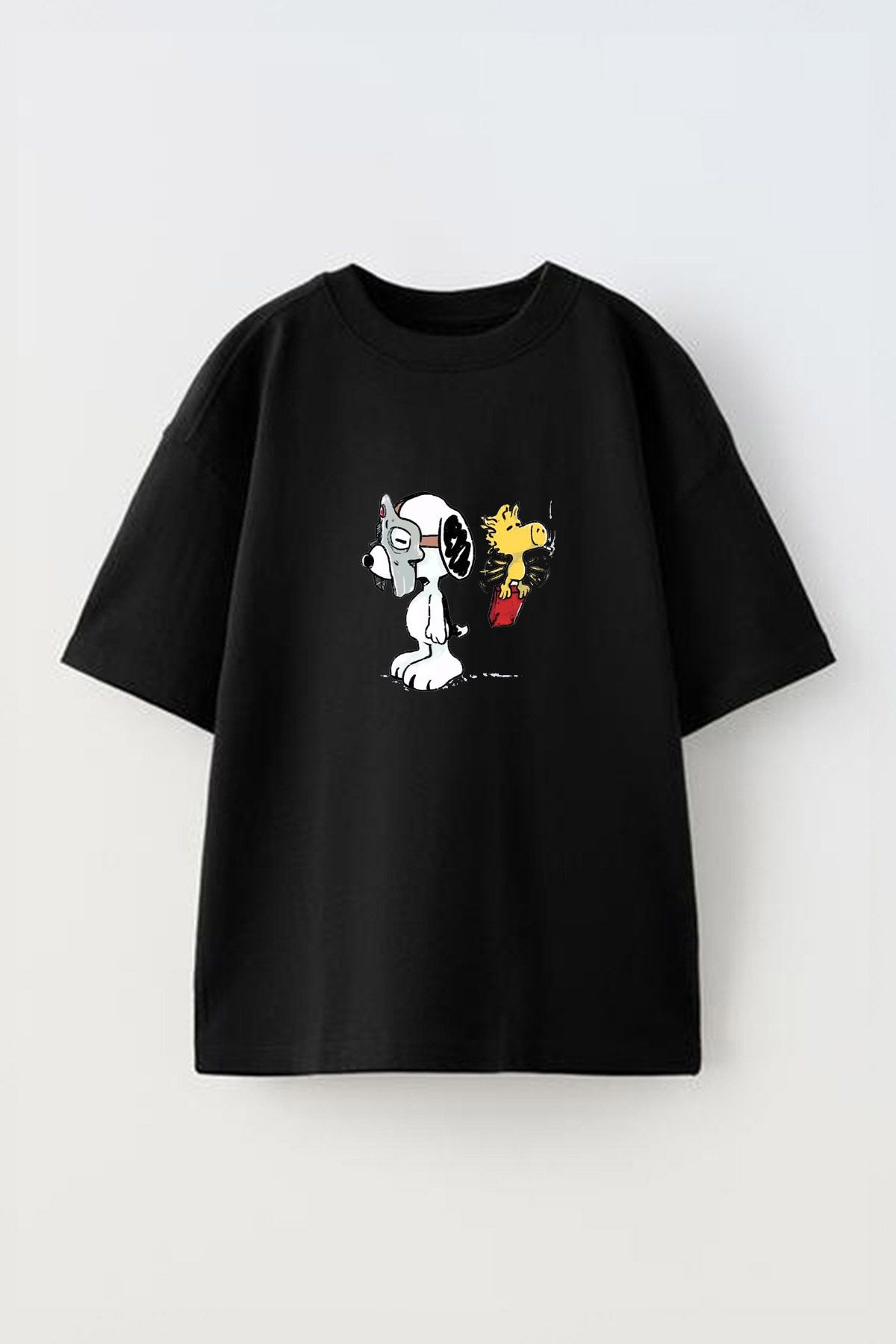 Anetos Mf Doom Snoopy Ön Baskılı Pamuk Siyah Oversize T shirt