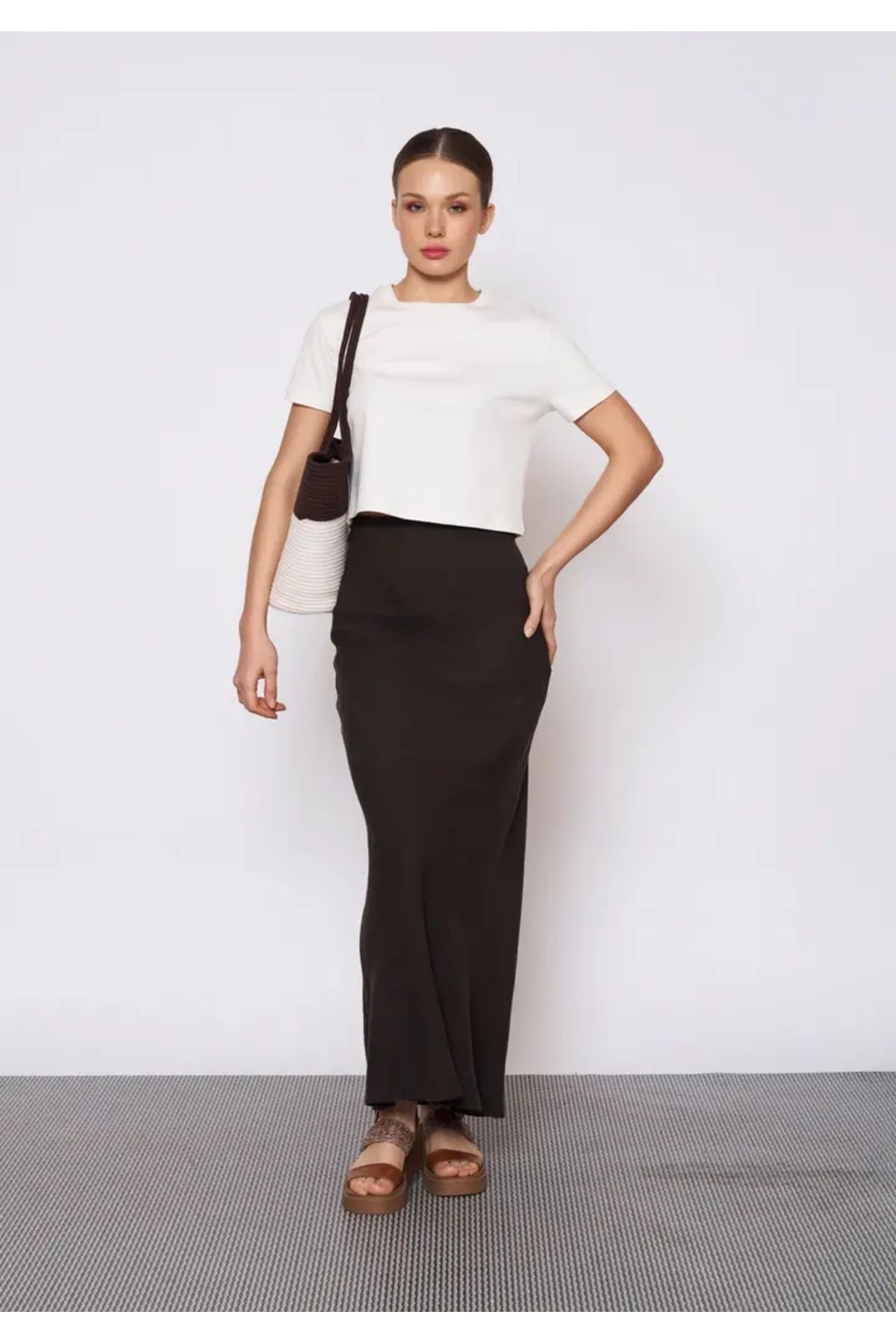 EUROFASHION Koyu Meşe Keten Kalem Etek