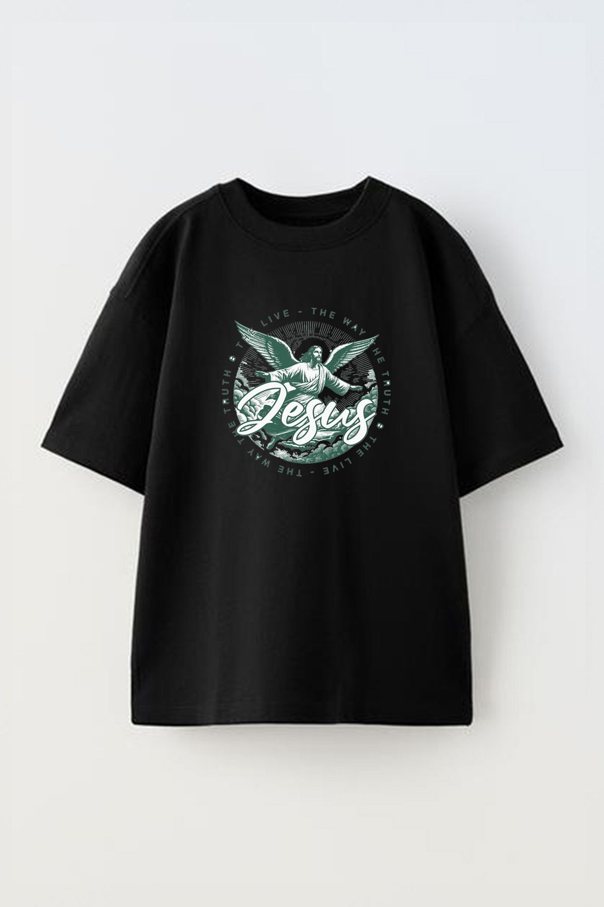 Anetos Jesus The Way Ön Baskılı Pamuk Siyah Oversize T shirt