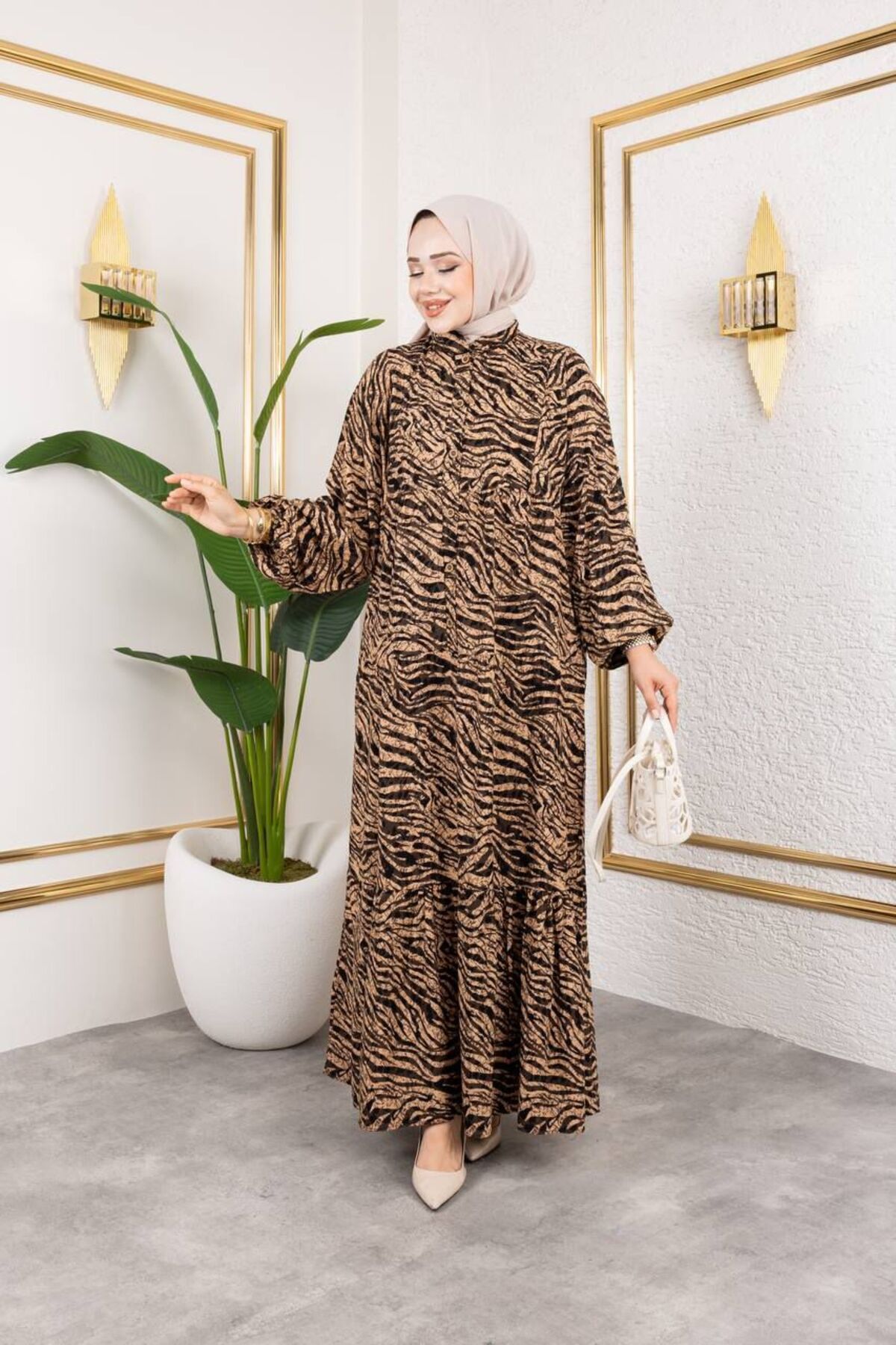 NGS ZEBRA DÜĞMELİ VİSKON ELBİSE