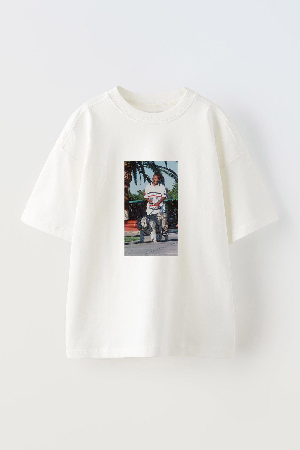 Anetos Mike Tyson Kaplan Ön Baskılı Pamuk Beyaz Oversize T shirt