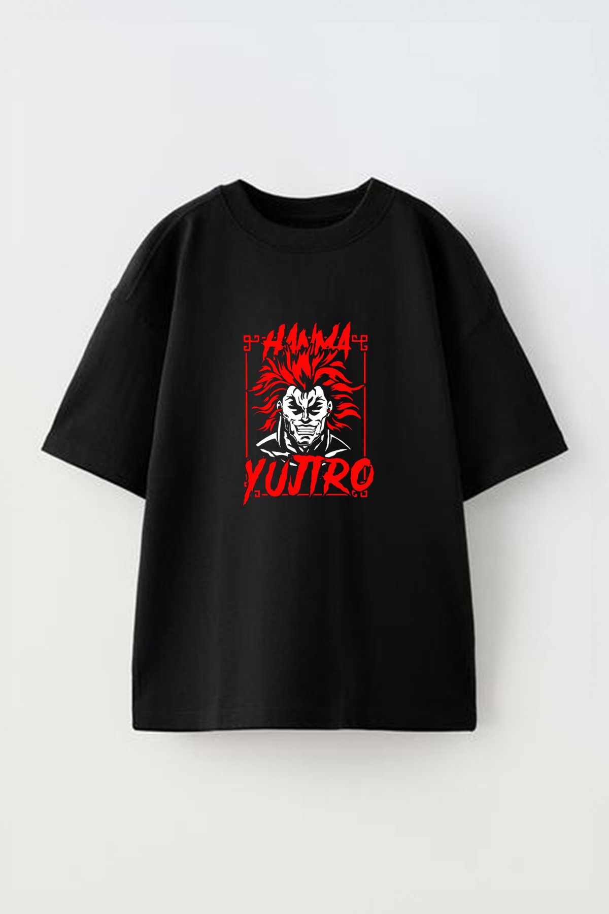 Anetos Hanma Yujiro Ön Baskılı Pamuk Siyah Oversize T shirt