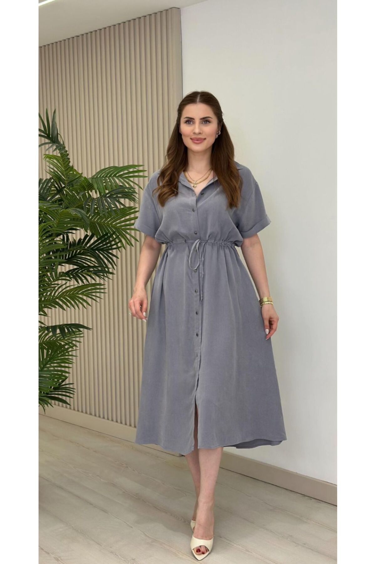 EGZOTİK ASORTİK Beli Bağcıklı Oversize Gömlek Elbise