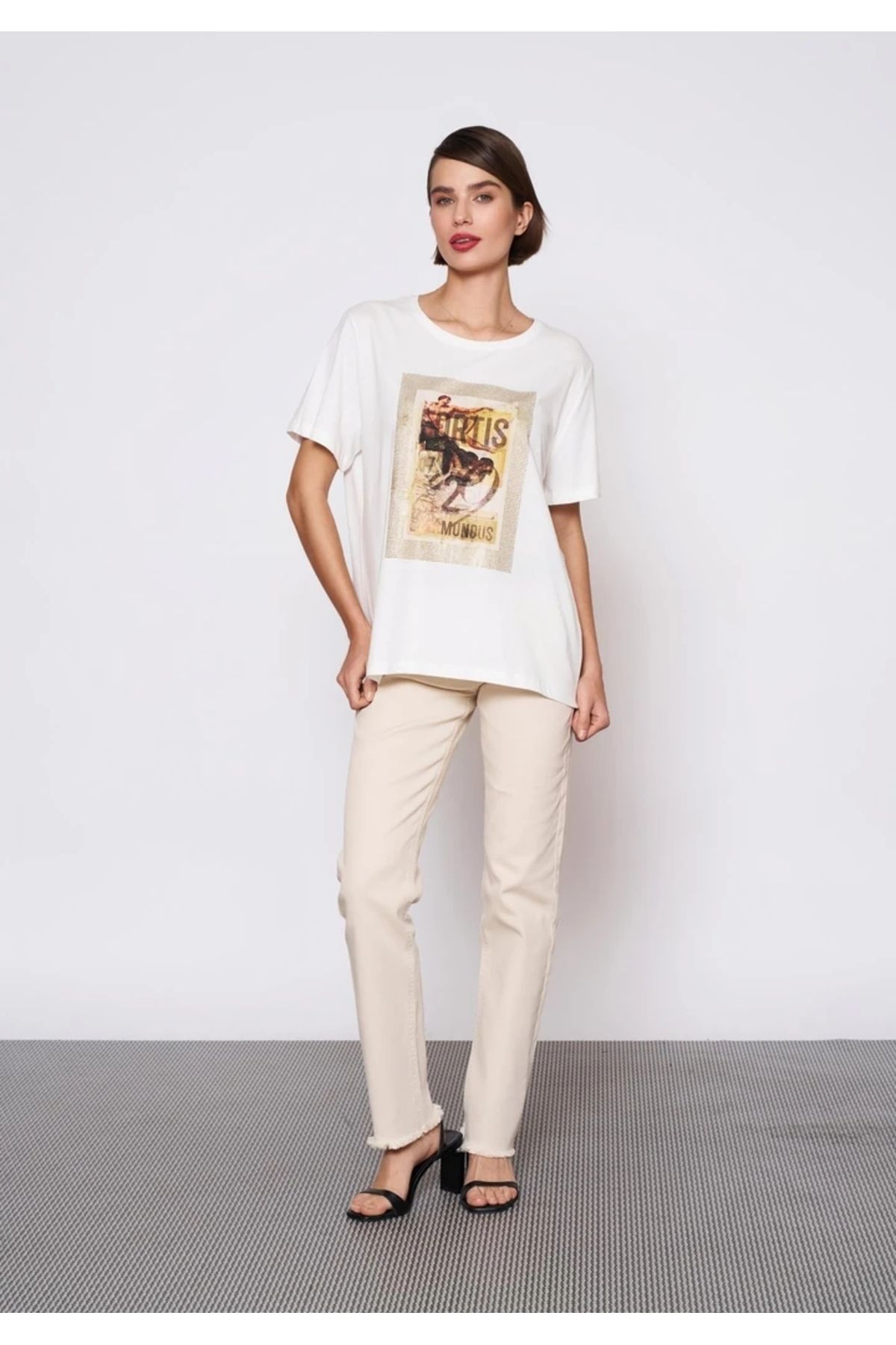EUROFASHION Baskılı Krem T-Shirt