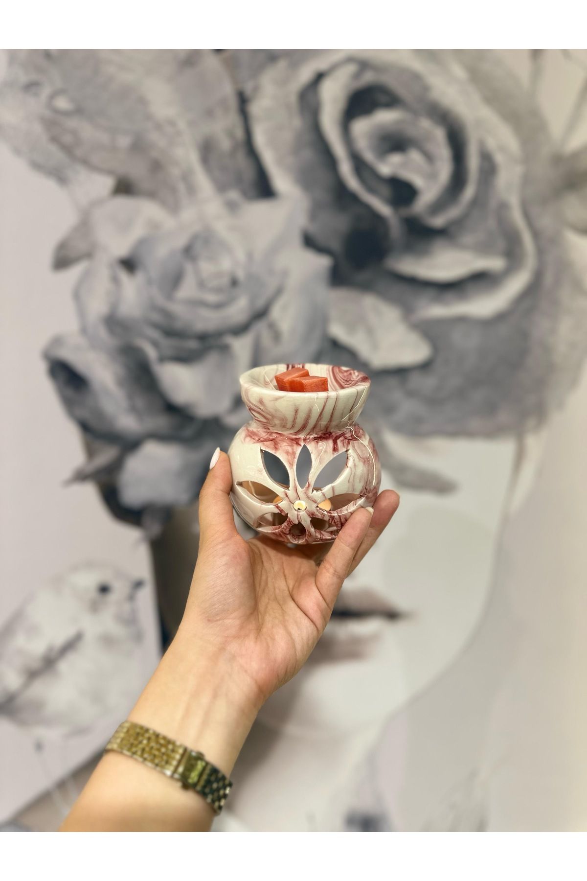 VelAsia Bordo/Ekru Ebruli Lotus Buhurdanlık