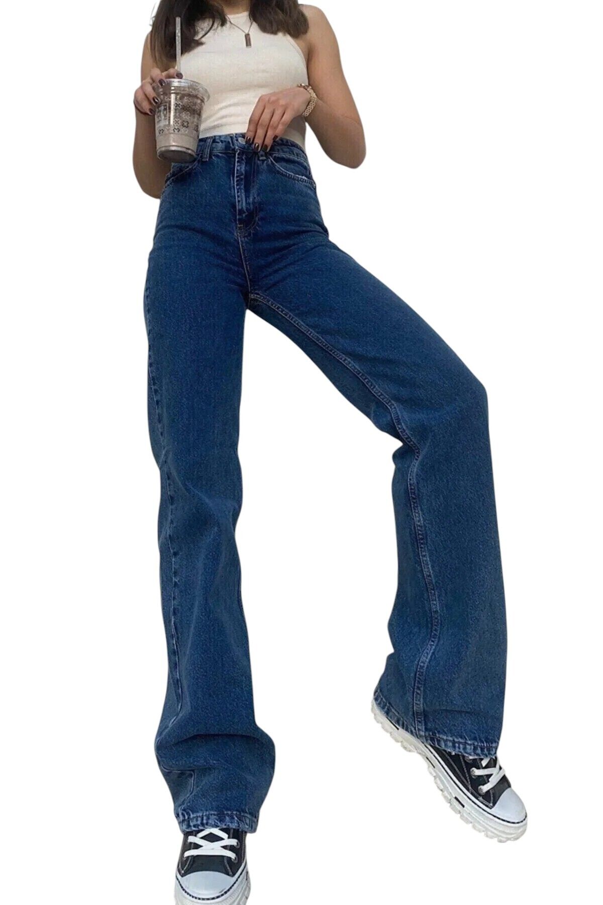 Livik Harmony Kadın Likralı Esnek Özel Bol Paça Kot Pantolon,Palazzo Model Bol Kesim Geniş Paça