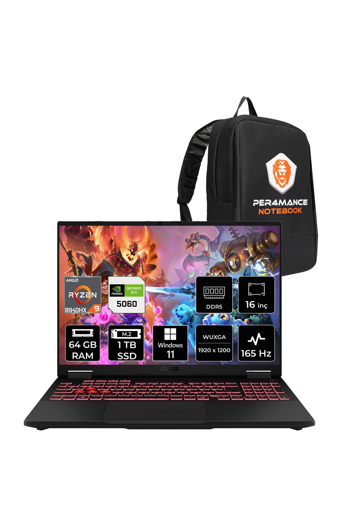 ASUS TUF Gaming A16 R9 8940HX 64GB 1TB SSD RTX5060/8GB 115W 165Hz 16'' WUXGA W11H Laptop FA608PM