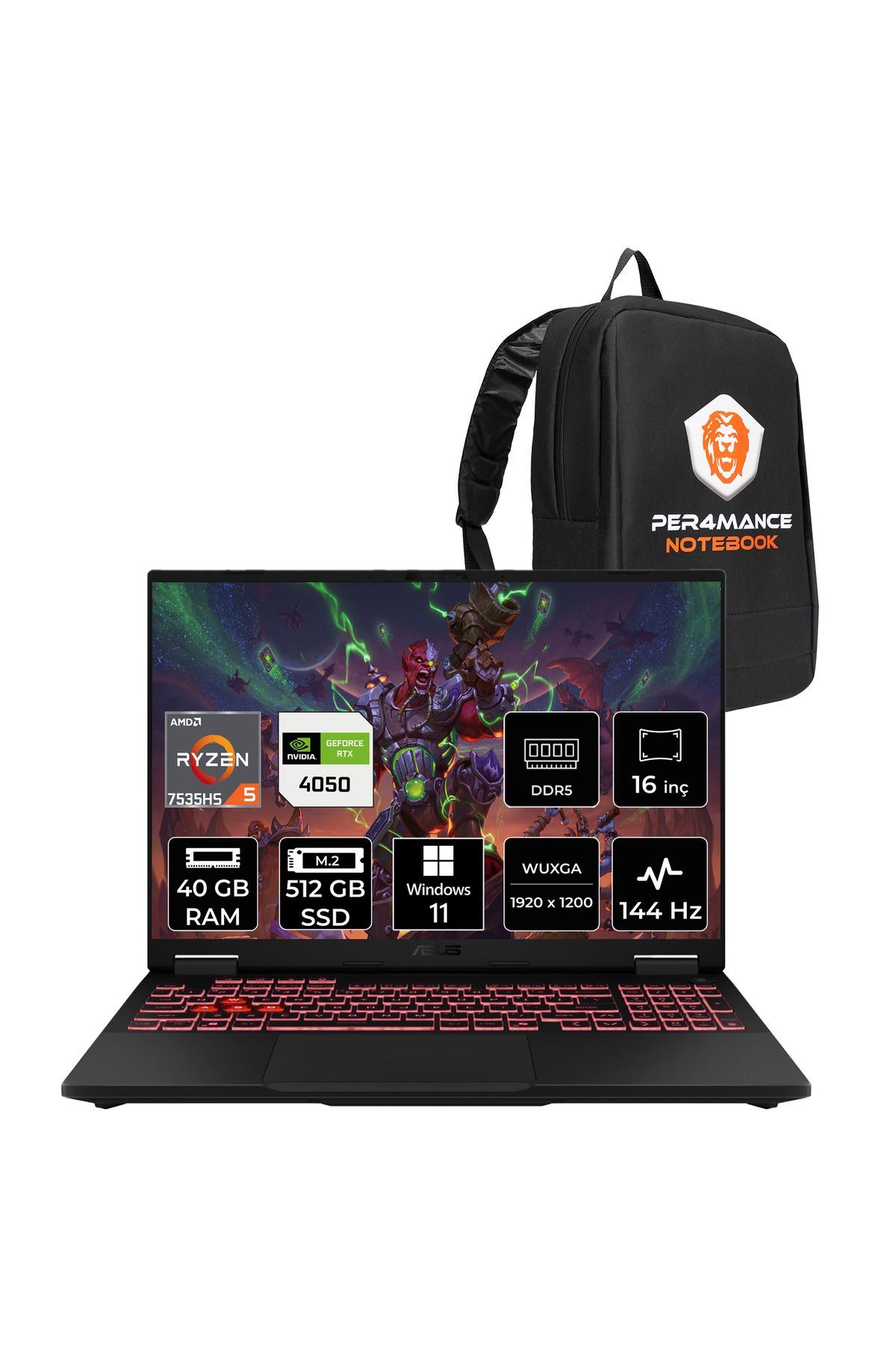 ASUS TUF Gaming A16 R5 7535HS 40GB 512GB SSD RTX4050/6GB 140W 144Hz 16'' WUXGA W11P Laptop FA607NU