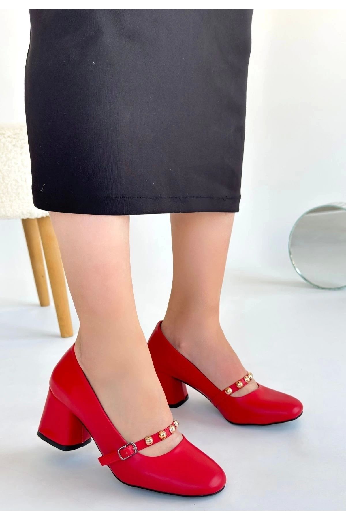 BellevieStore Tino Kırmızı Cilt Topuklu Ayakkabı