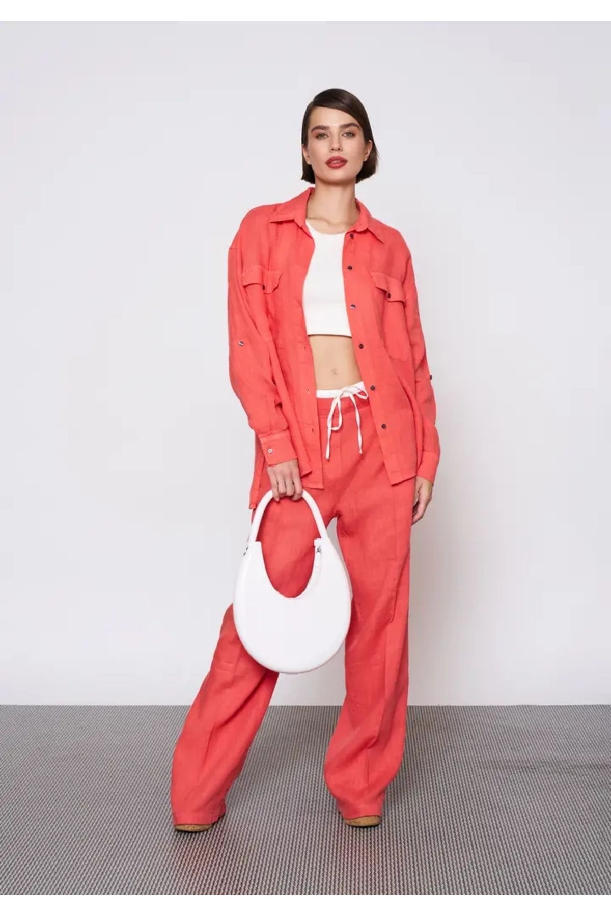 EUROFASHION Cep Kapaklı Mercan Keten Gömlek
