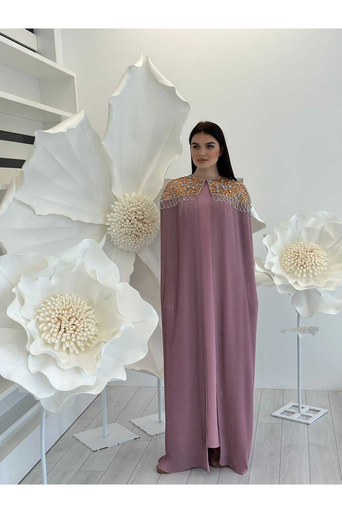 White Corner 2980 NAKIŞ VE TAŞ İŞLEMELİ İKİLİ TAKIM ABAYA