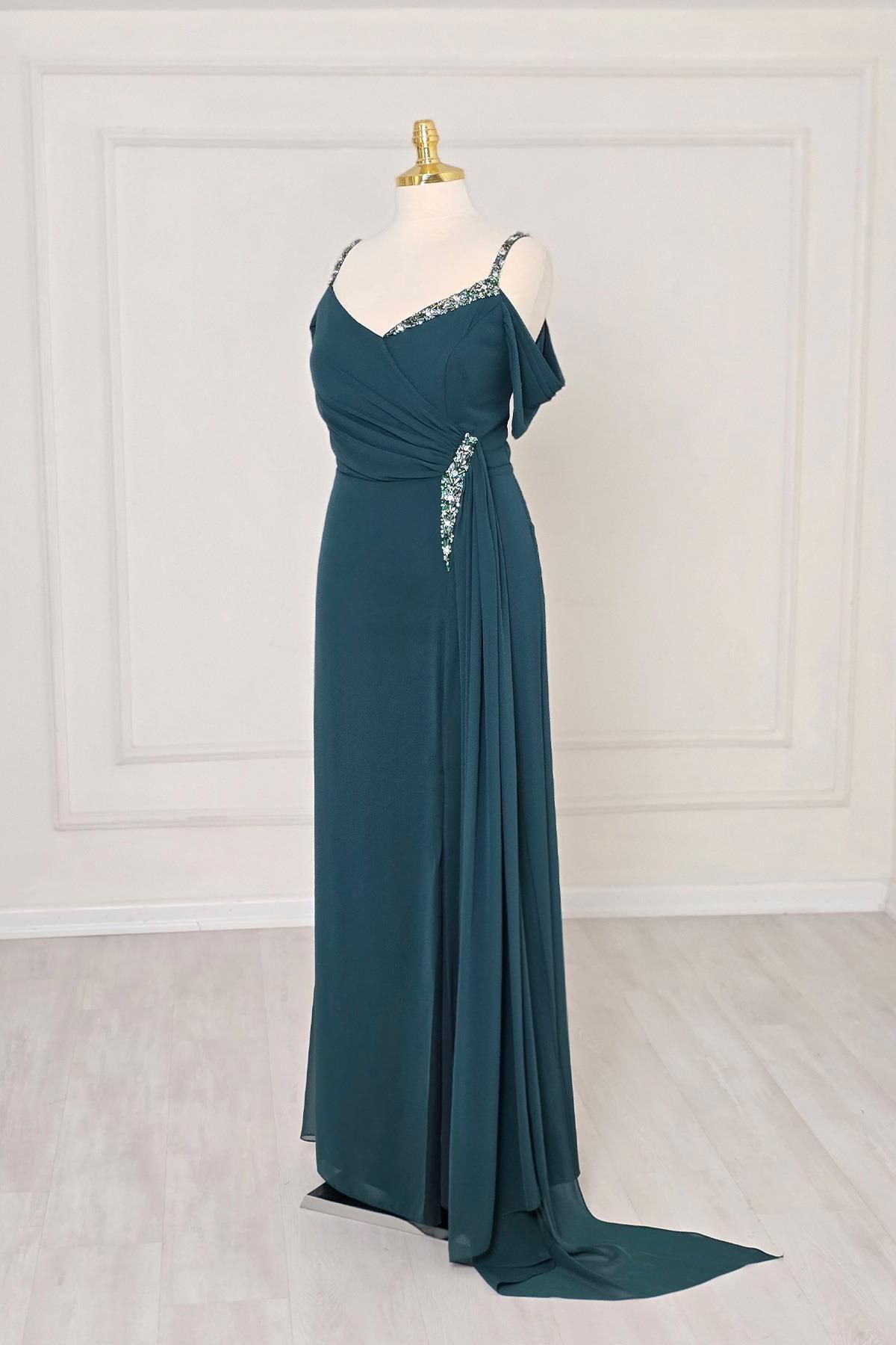 Yonca Moda Evi Yeşil Şifon Taş Askılı Drapeli Yırtmaçlı B.Beden Abiye 0604