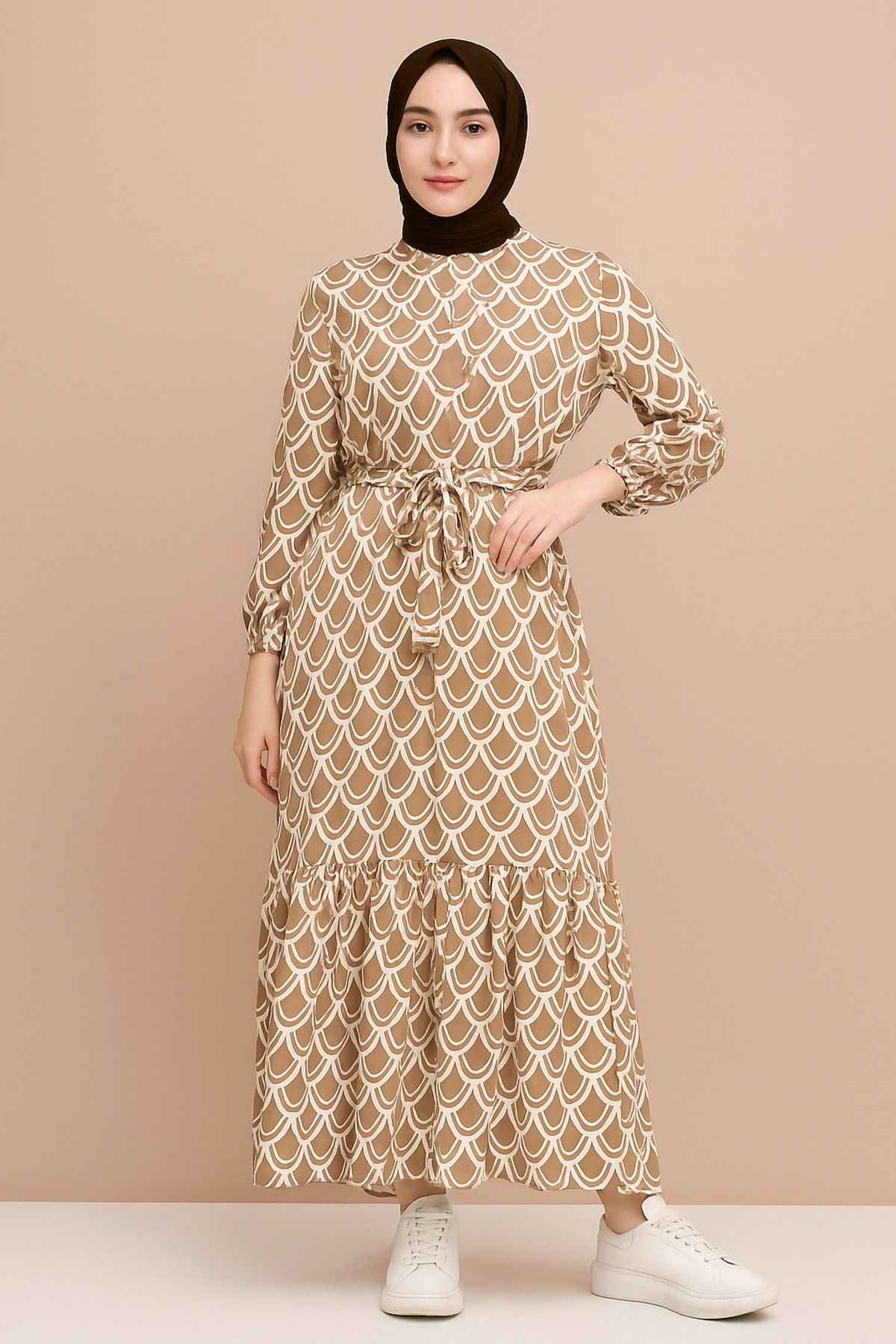 Sonbaharmoda Desenli Viskon Kuşaklı Tesettür Elbise
