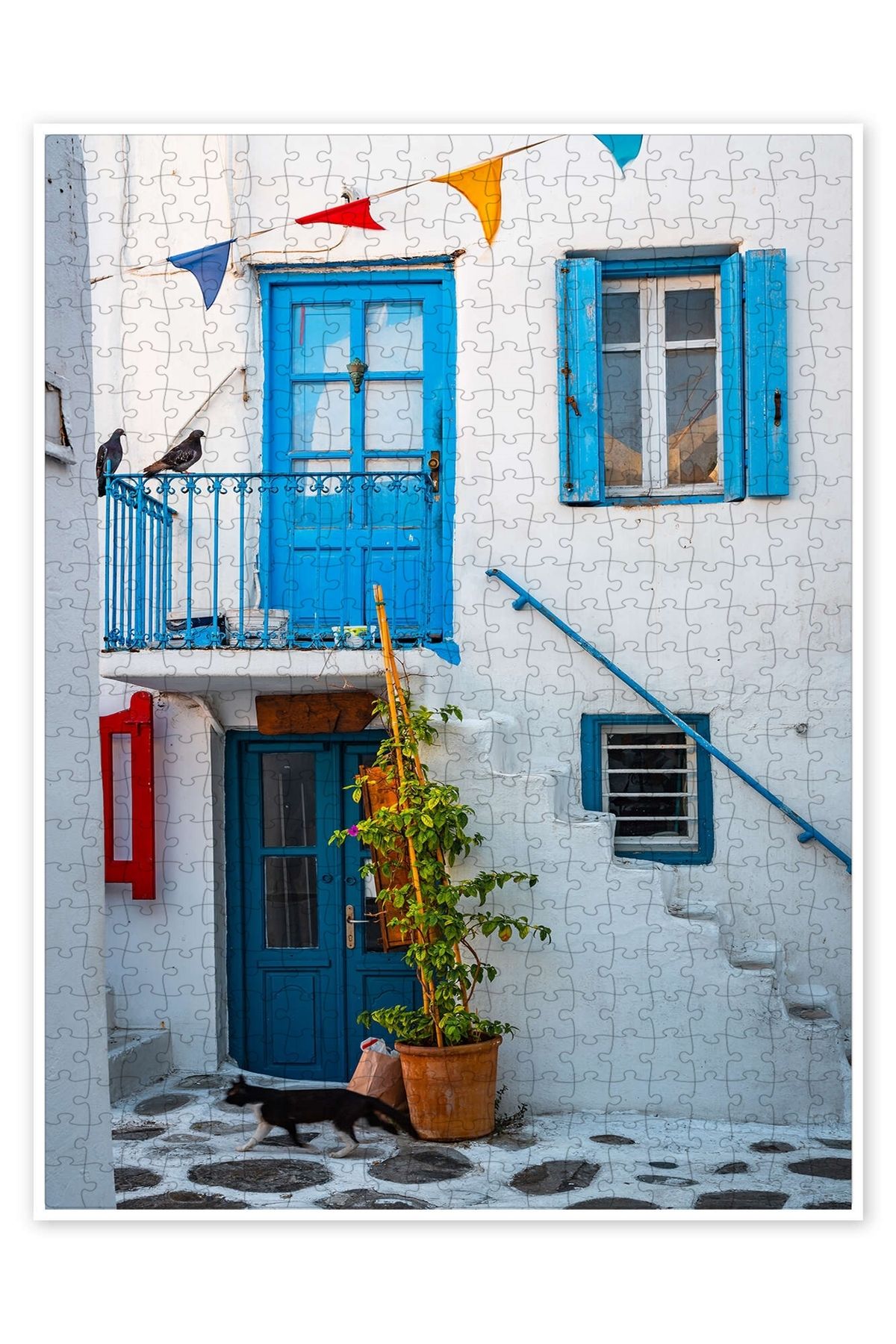 Jeronkarji Kedi Mykonos'un eski kentinde dolaşıyor 500 Parça Puzzle Yapboz Şehir Manzara Temalı Hobilik