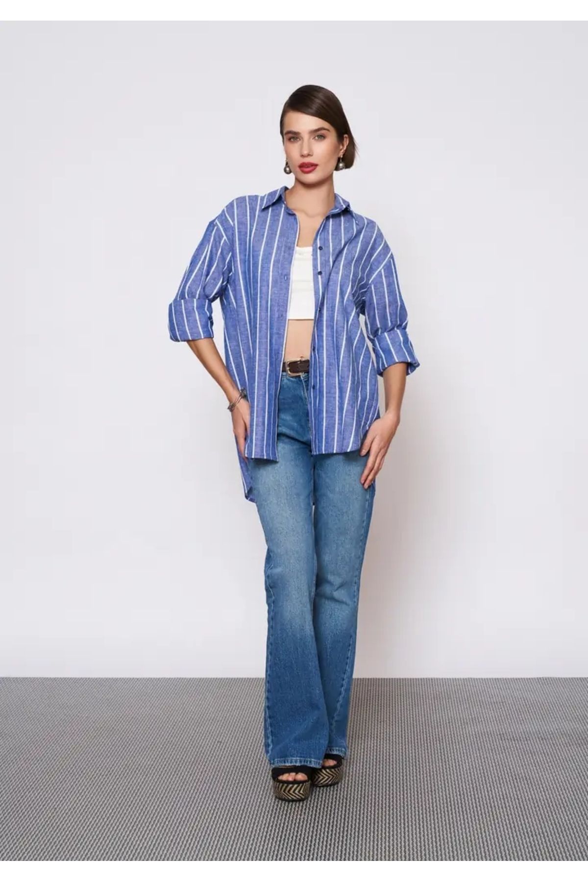 EUROFASHION Lacivert Çizgili Keten Gömlek
